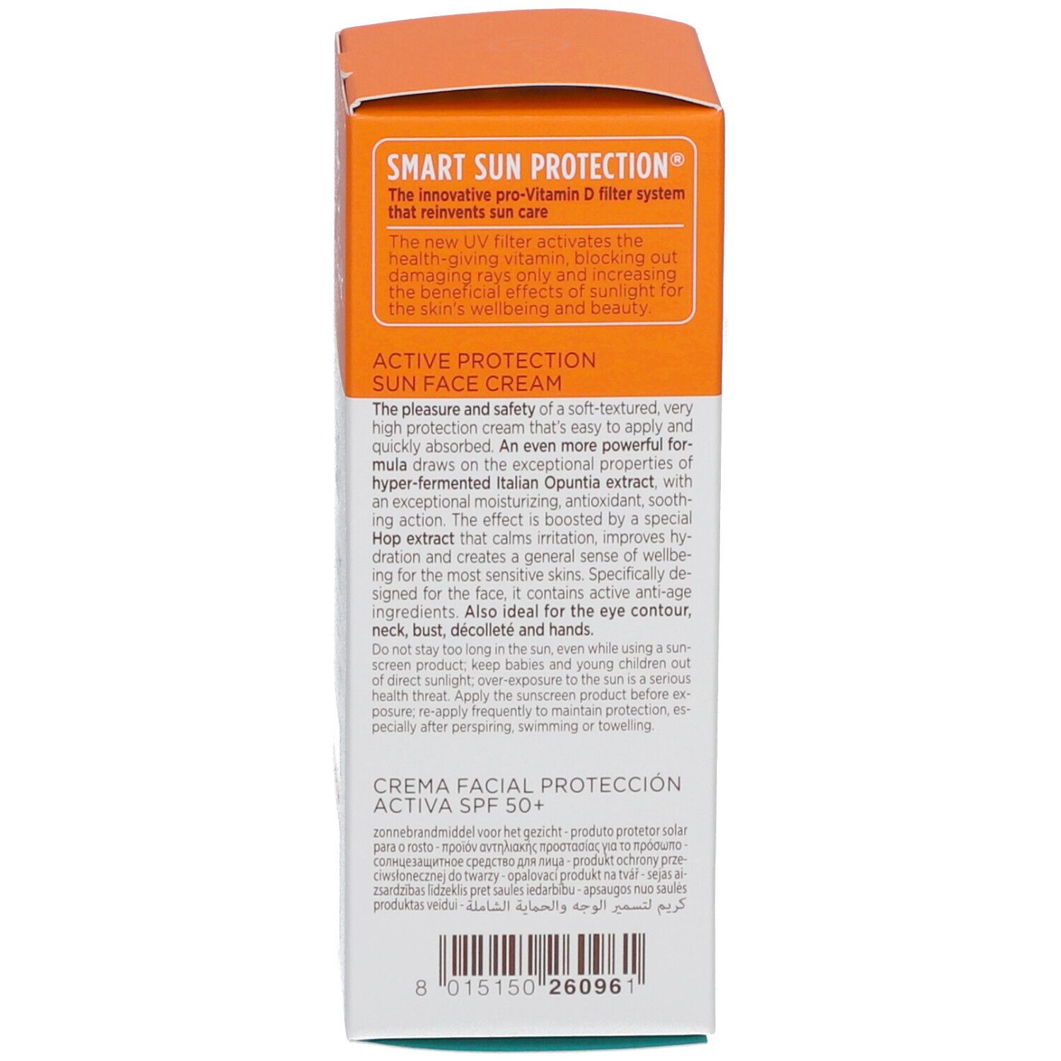 Côté de la boîte de crème solaire. Texte: Smart Sun Protection, Active Protection Sun Face Cream. Ingrédients.
