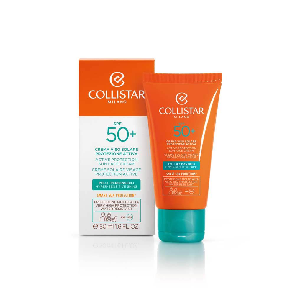 Tube et boîte de crème solaire. Texte: Collistar, SPF 50+, Active Protection Sun Face Cream. 50 ml, 1.6 FL.OZ.