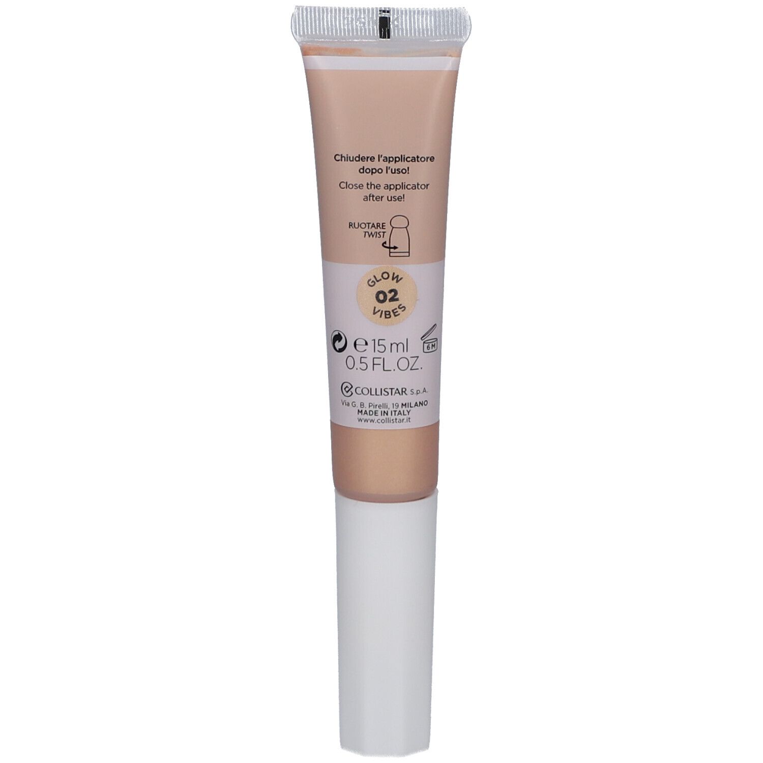 Collistar NOT Glow Vibes 02 Golden Hour. Tube avec applicateur. Teinte beige. Texte sur le tube.