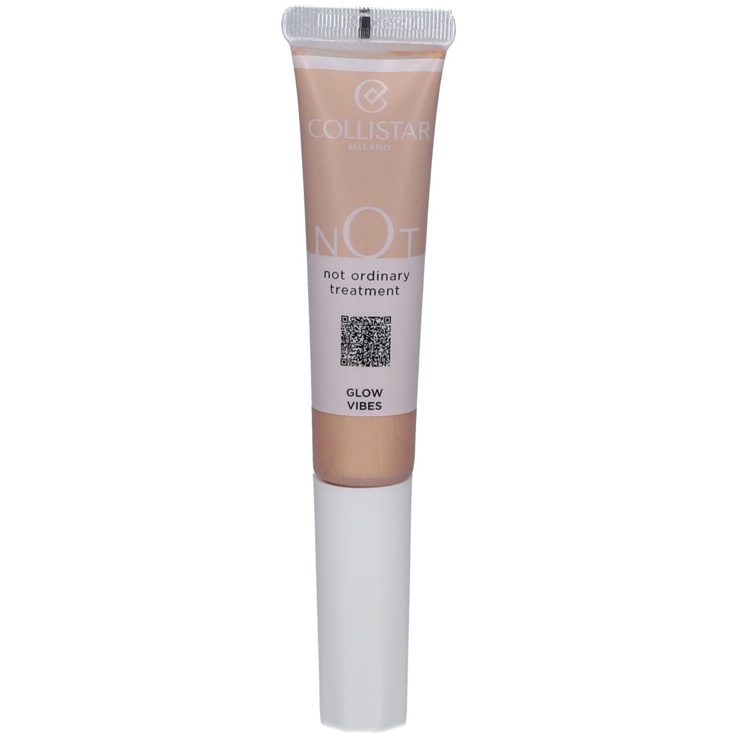 Collistar NOT Glow Vibes. Tube avec applicateur. Teinte beige. Texte et QR code sur le tube.