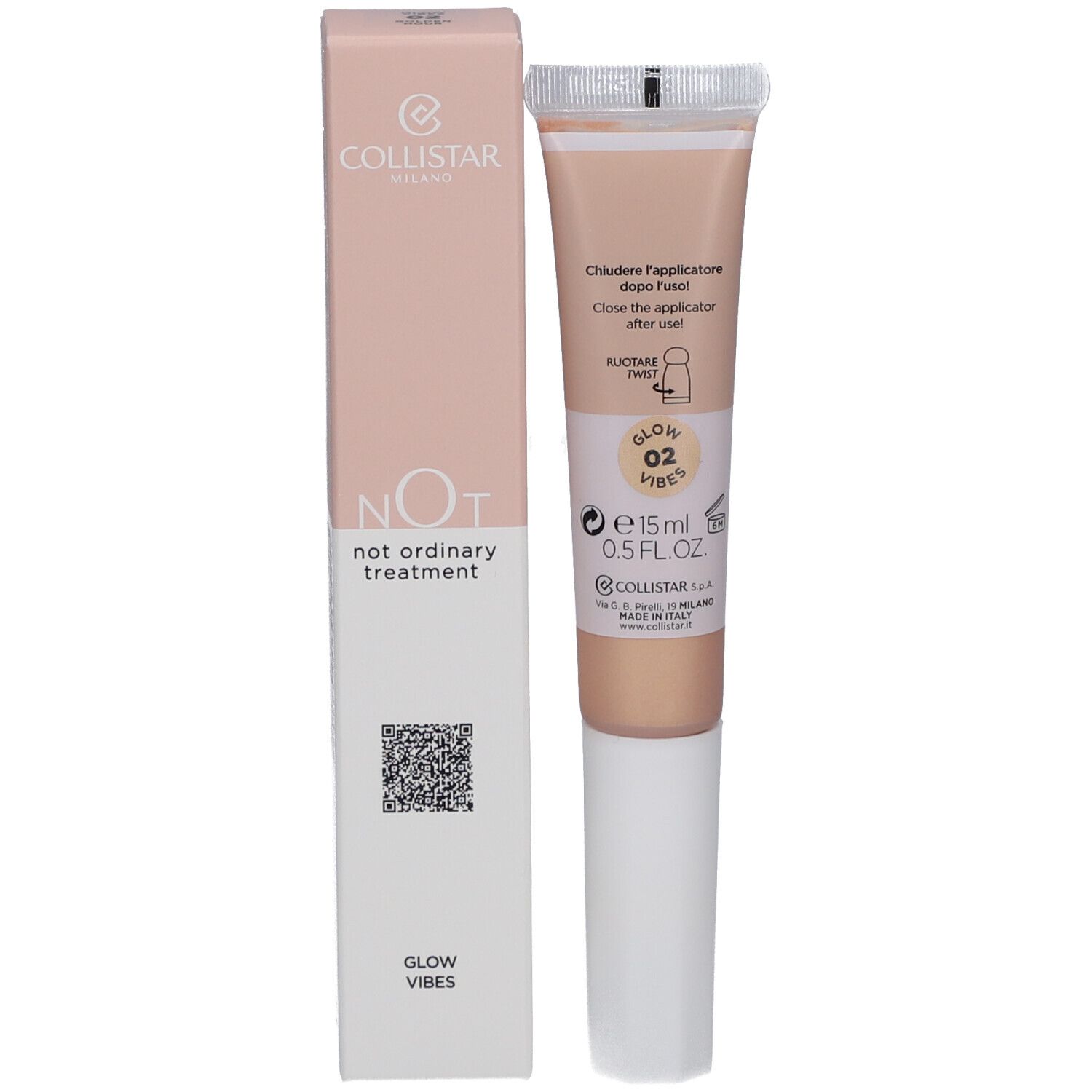 Collistar NOT Glow Vibes 02 Golden Hour. Tube et emballage. Teinte beige. Texte sur les deux.