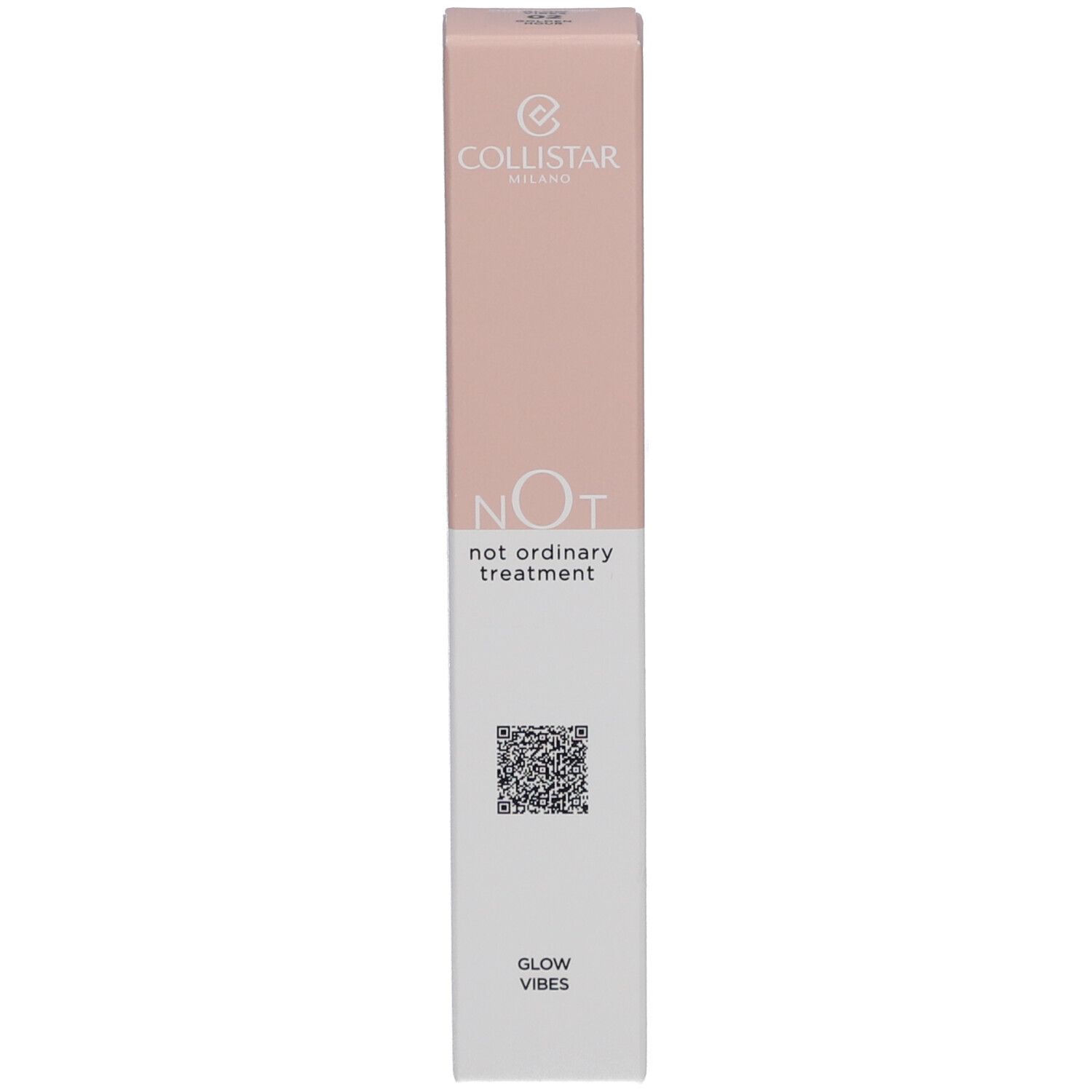 Emballage Collistar NOT Glow Vibes. Rose et blanc. Texte et QR code. Marque en haut.