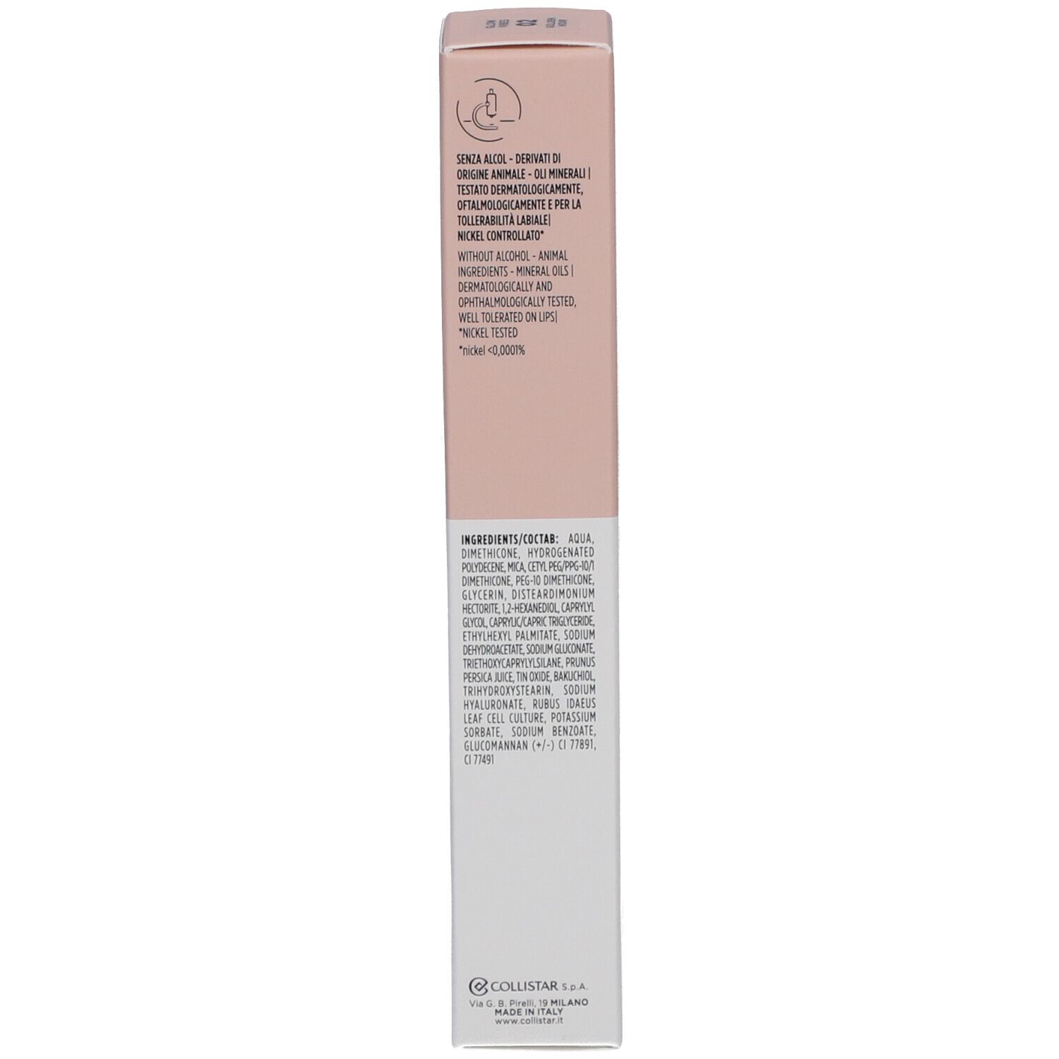 Emballage Collistar NOT Glow Vibes. Texte sur les ingrédients et certifications. Rose et blanc.