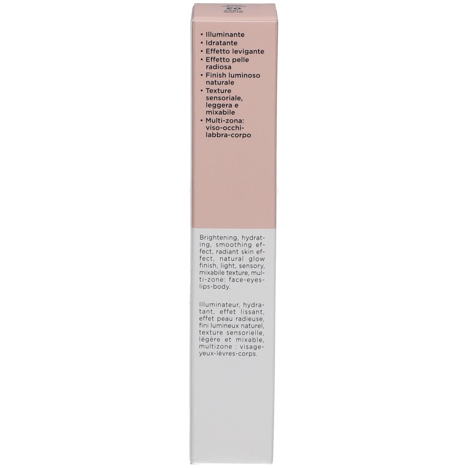 Emballage Collistar NOT Glow Vibes. Texte sur les propriétés. Rose et blanc.