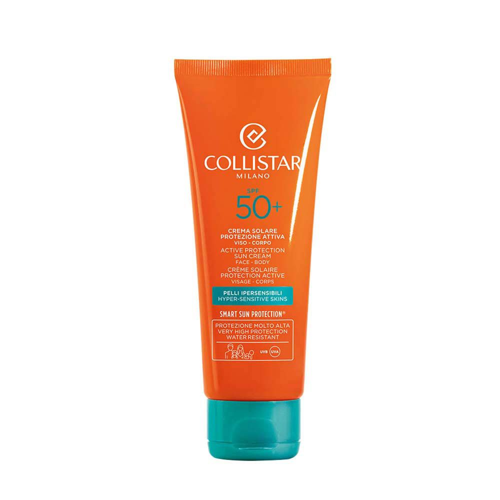 Tube orange et bouchon bleu. Texte: Collistar Milano, SPF 50+, Active Protection Sun Cream.