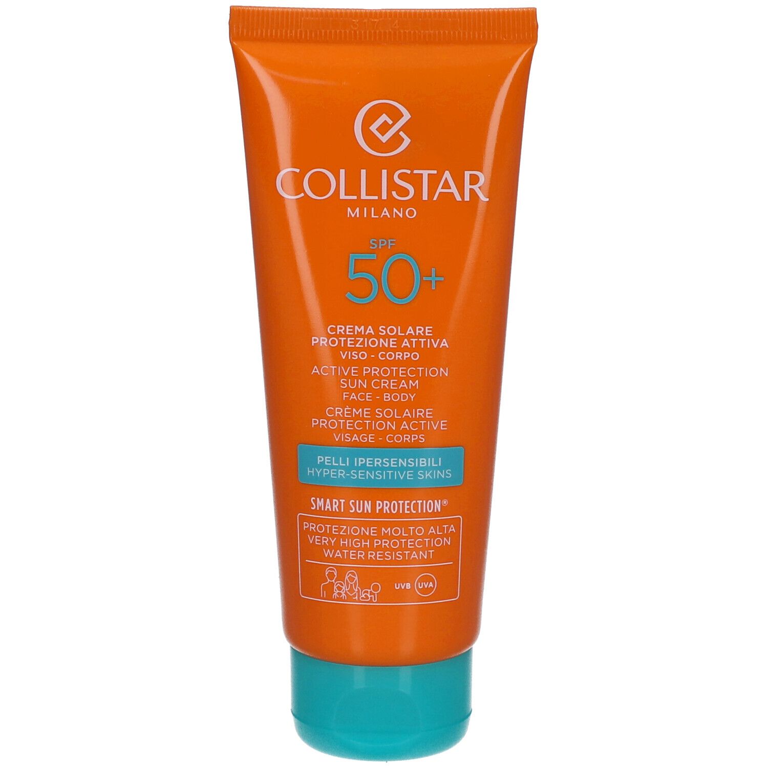 Orange Tube mit blauem Deckel. Text: Collistar Milano, SPF 50+, Active Protection Sun Cream.
