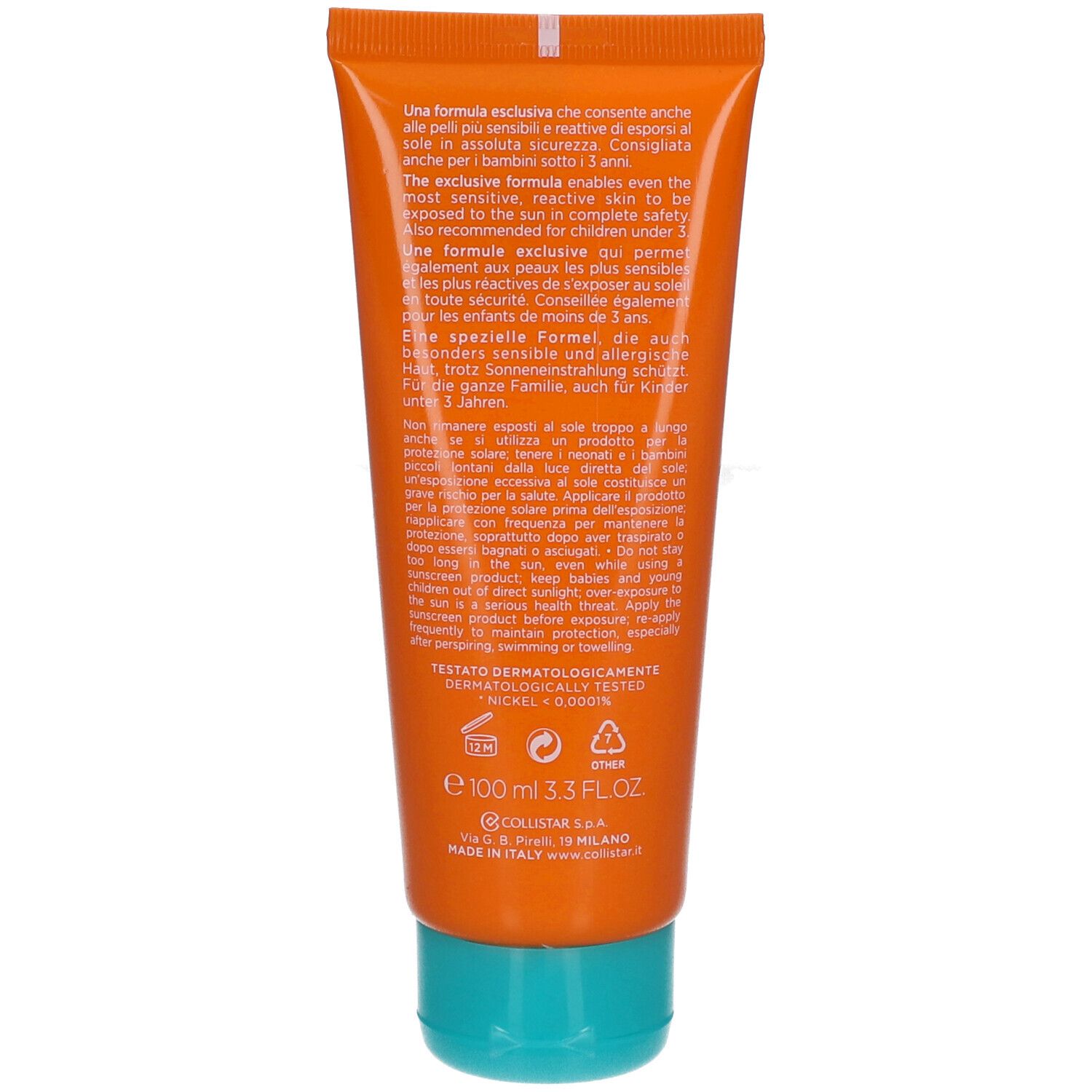 Rückseite der Tube. Text: Collistar, 100 ml, dermatologisch getestet, für Kinder ab 3 Jahren.