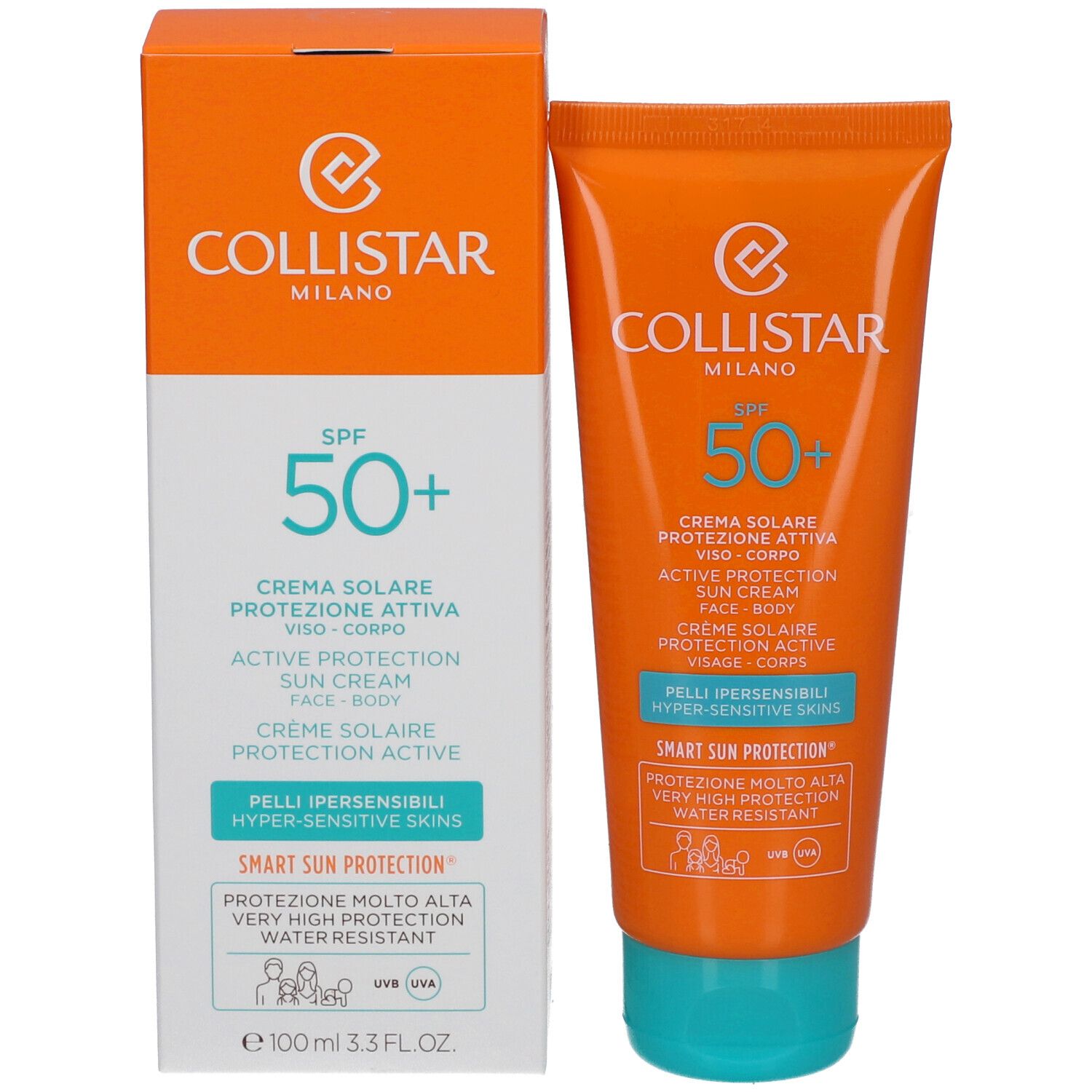Produkt und Verpackung. Tube und Schachtel. Text: Collistar Milano, SPF 50+, Active Protection Sun Cream.