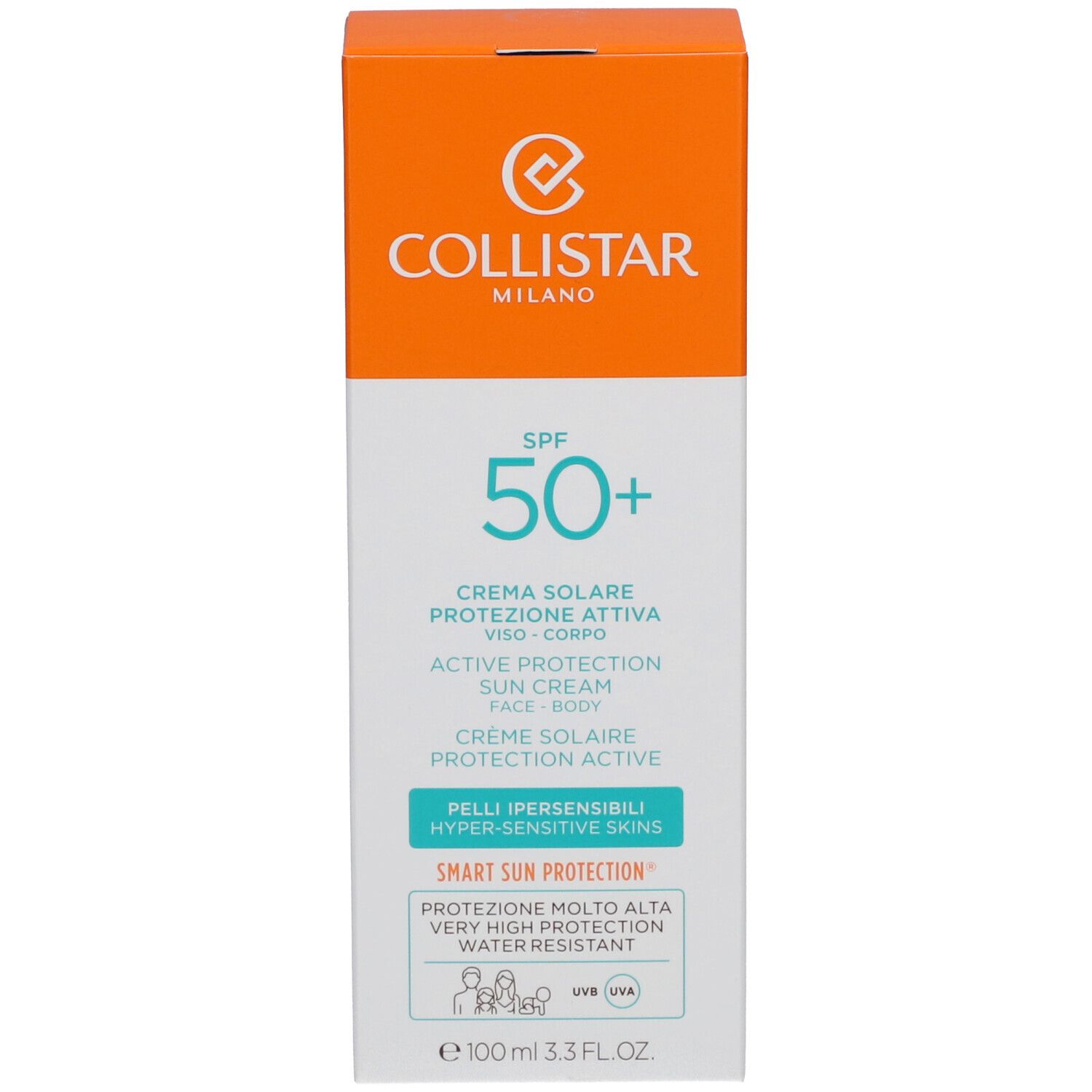 Verpackung. Text: Collistar Milano, SPF 50+, Active Protection Sun Cream, 100 ml.