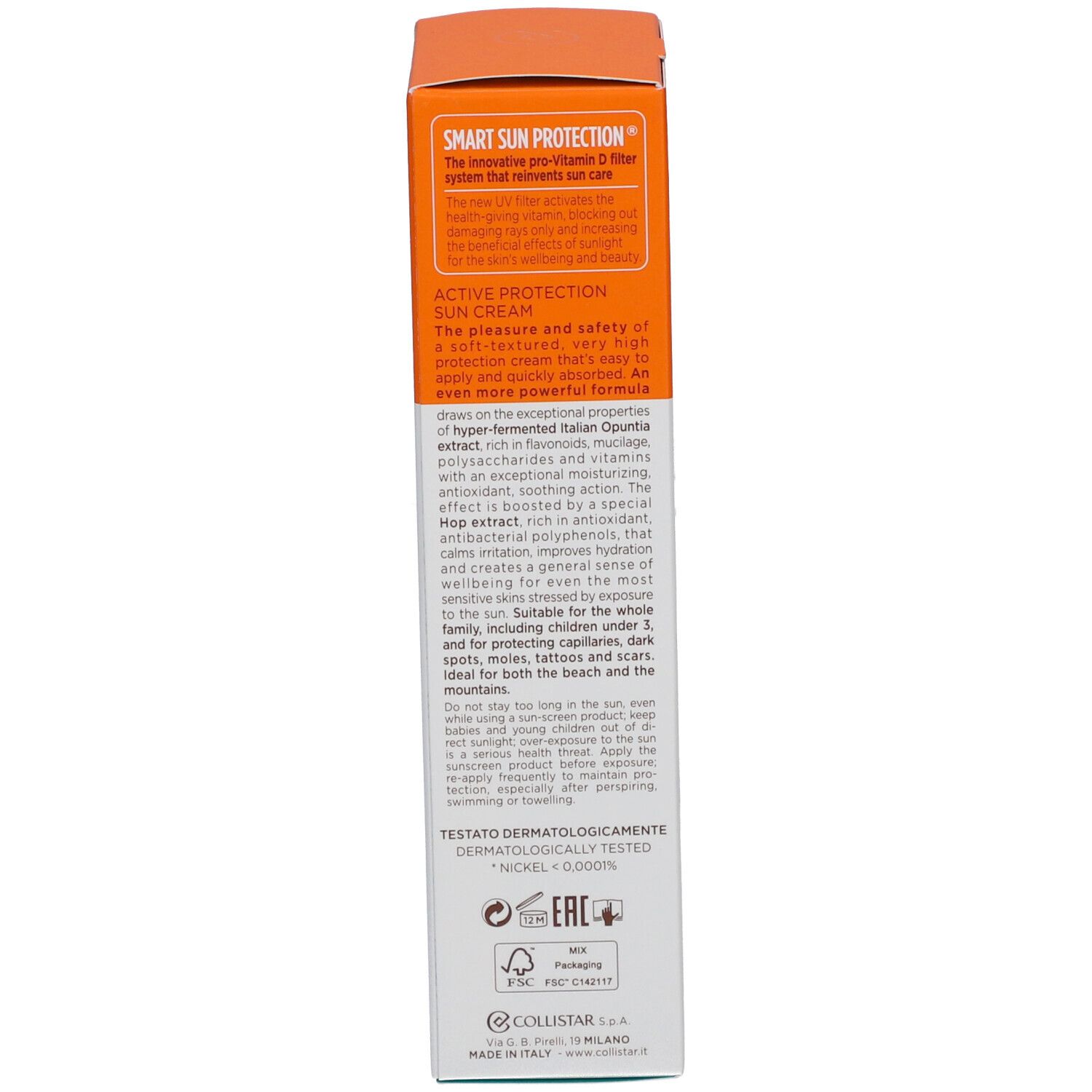 Rückseite der Verpackung. Text: Active Protection Sun Cream, dermatologisch getestet, Nickel 0,0000%.