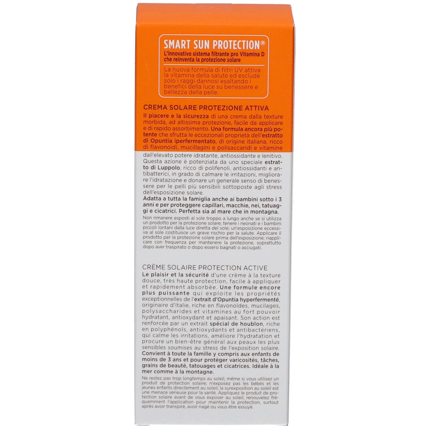 Rückseite der Verpackung. Text: Active Protection Sun Cream, dermatologisch getestet, Nickel 0,0000%.