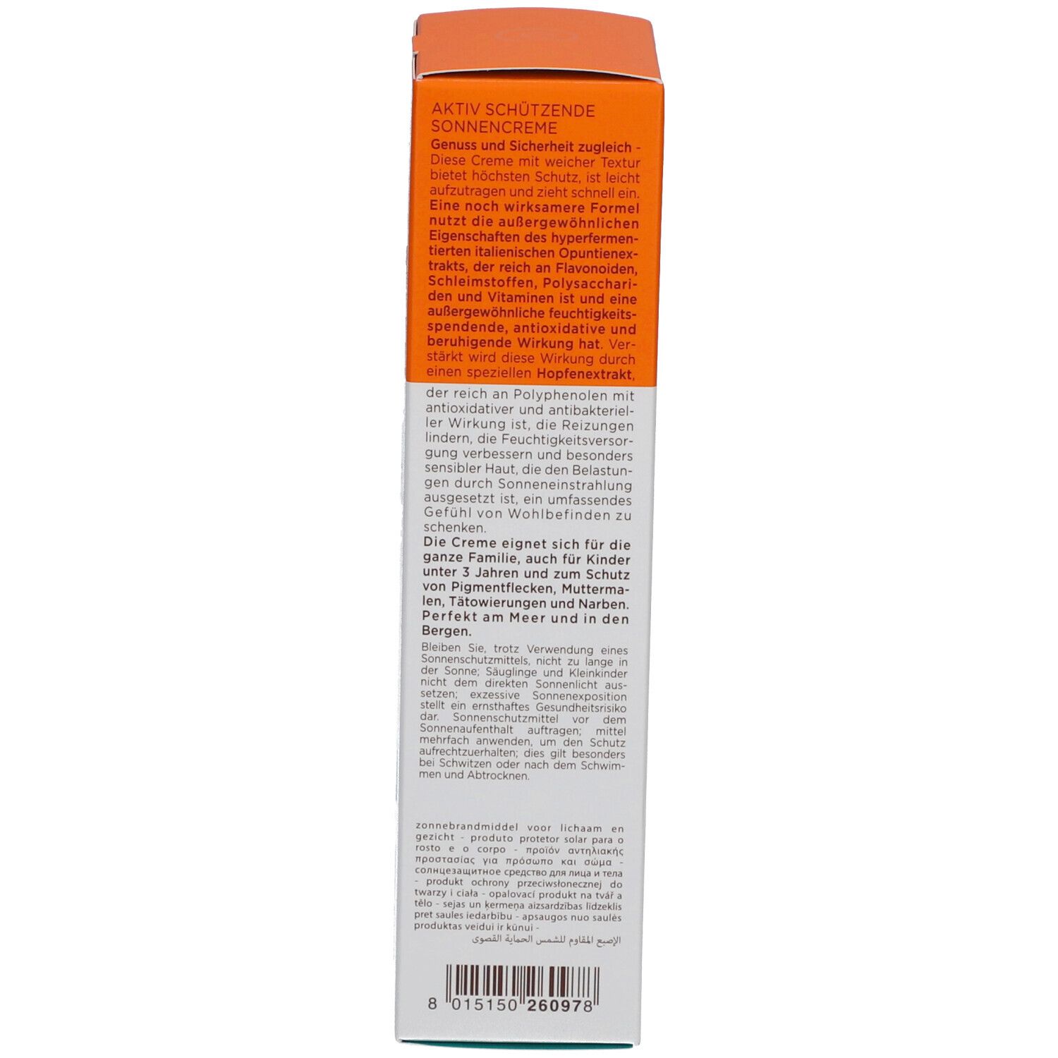 Rückseite der Verpackung. Text: Active Protection Sun Cream, dermatologisch getestet, Nickel 0,0000%.