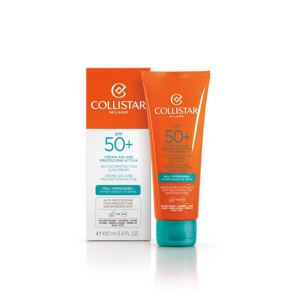 Produit et emballage. Tube et boîte. Texte: Collistar Milano, SPF 50+, Active Protection Sun Cream.