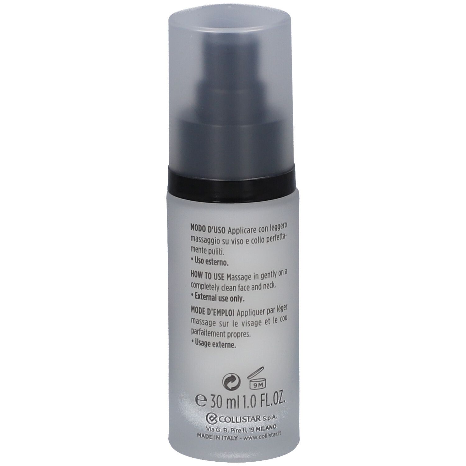 Flakon mit Pumpe. Aufschrift: Modo d'uso, How to use, Mode d'emploi. Volumen: 30 ml.