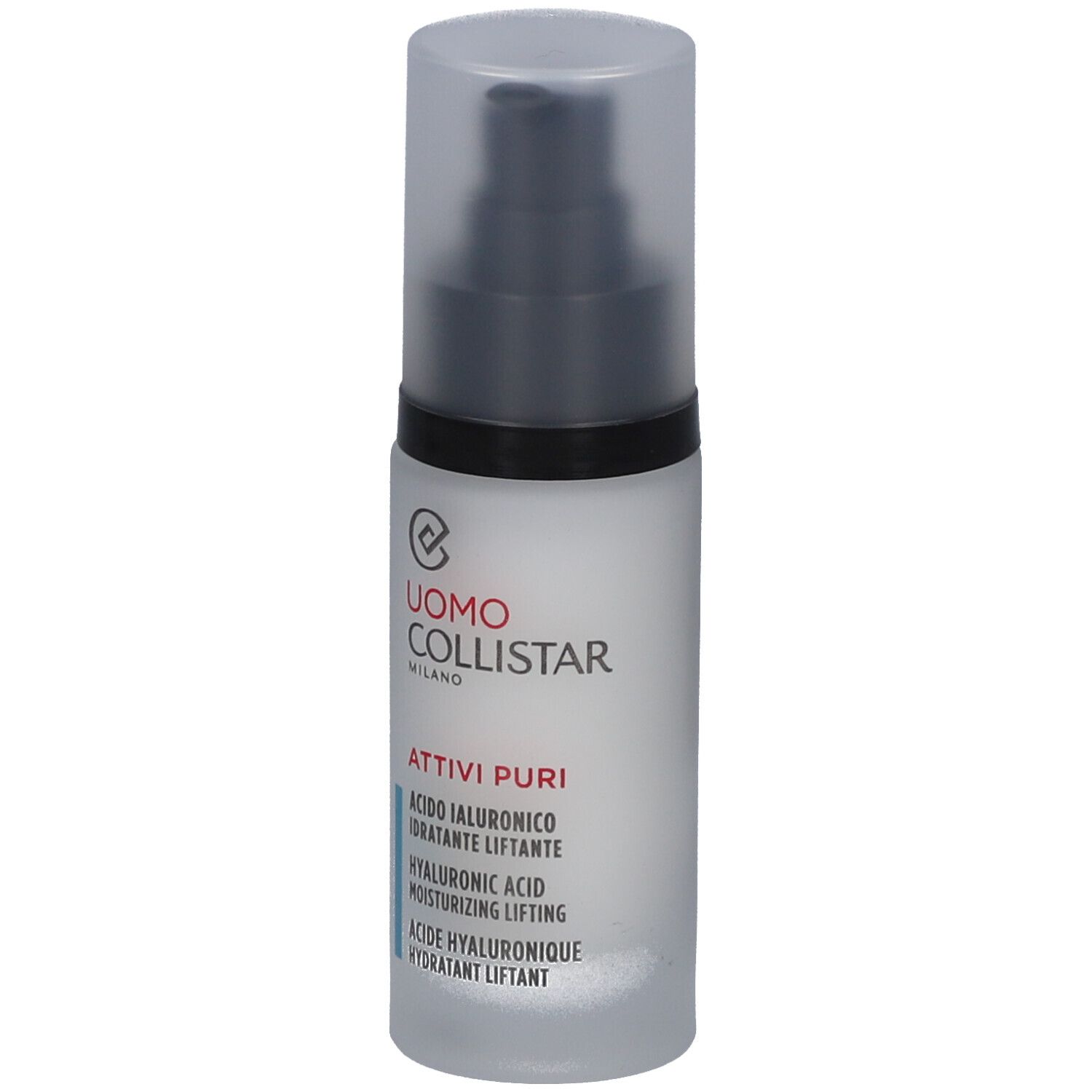 Flakon mit Pumpe. Aufschrift: Uomo Collistar, Attivi Puri, Acido Ialuronico, Hydratant Liftant.
