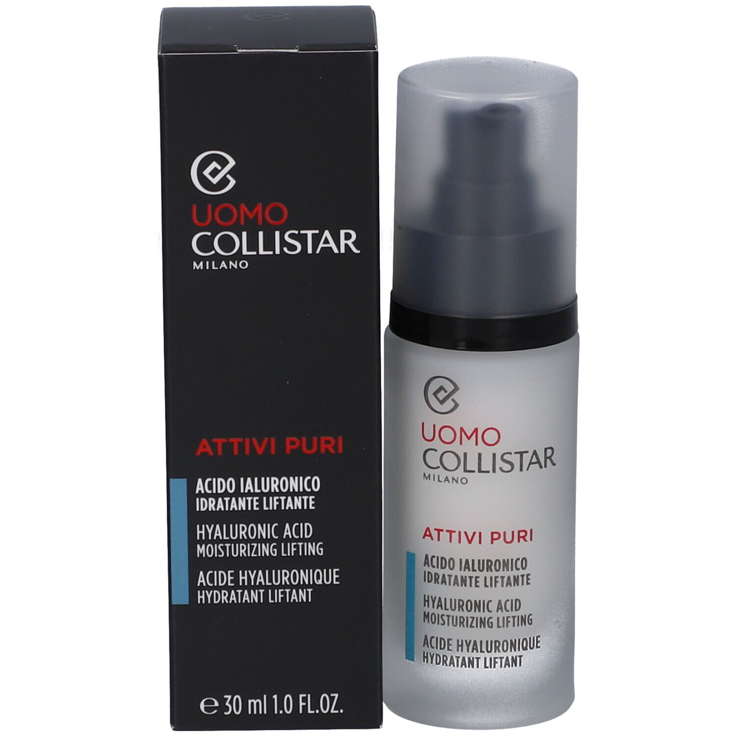 Produkt und Verpackung. Aufschrift: Uomo Collistar, Attivi Puri, Acido Ialuronico, Hydratant Liftant.