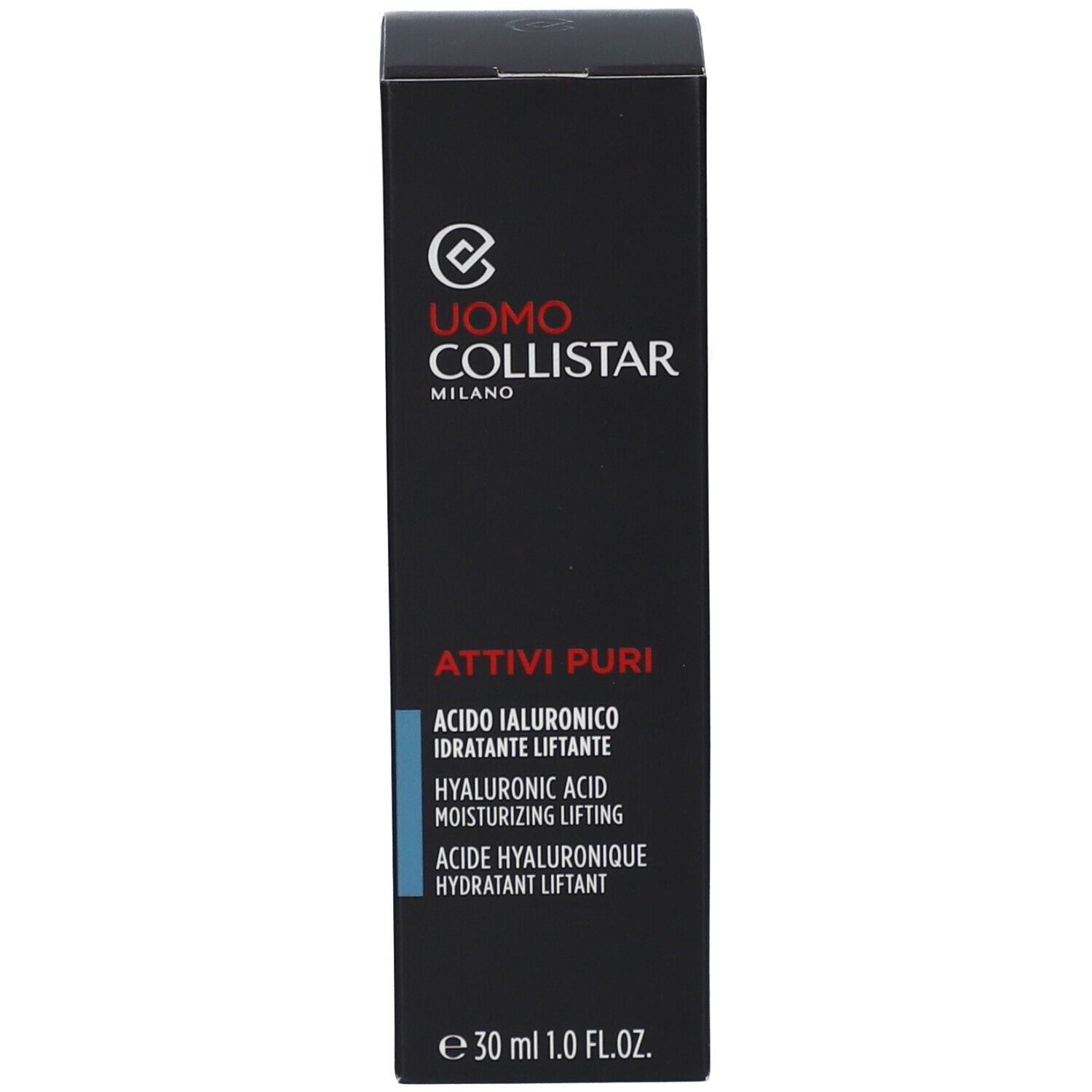 Verpackung. Aufschrift: Uomo Collistar, Attivi Puri, Acido Ialuronico, Hydratant Liftant. Volumen: 30 ml.