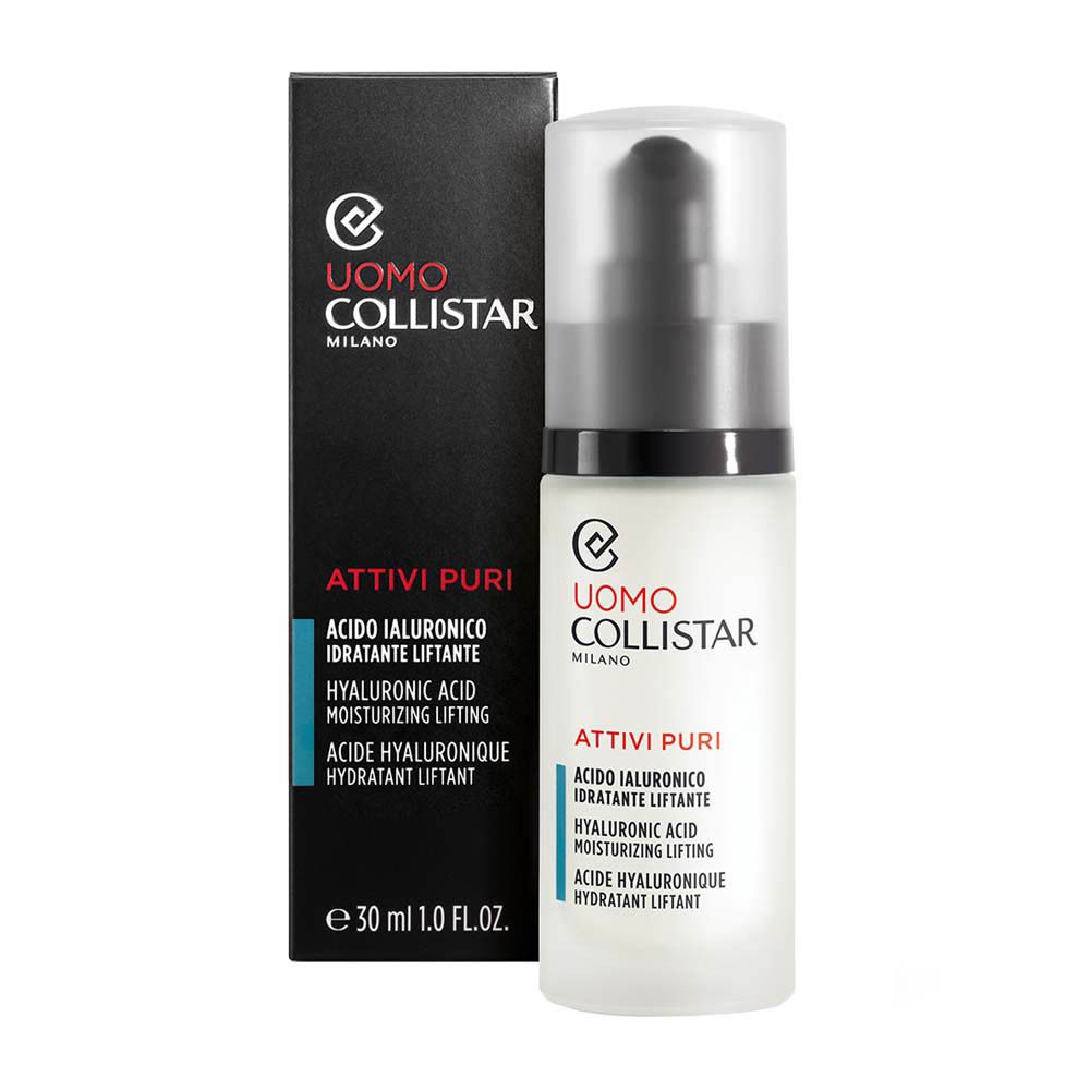Produit et emballage. Inscription: Uomo Collistar, Attivi Puri, Acide Hyaluronique, Hydratant Liftant. Volume: 30 ml.