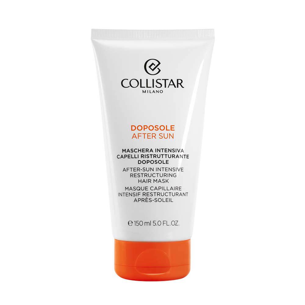 Tube blanche, bouchon orange. Texte: Collistar, Après-Soleil, Masque Capillaire. Contenance: 150 ml.