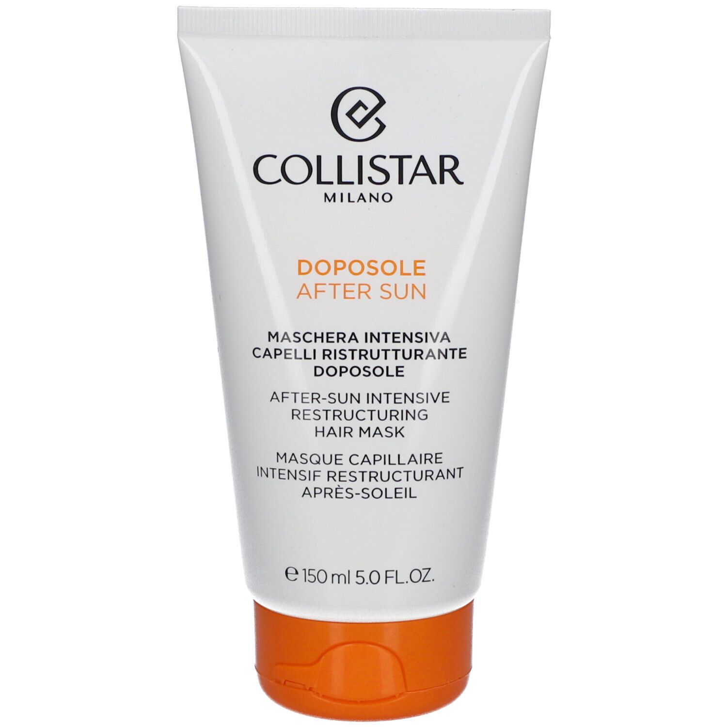 Tube blanche, bouchon orange. Texte: Collistar, Après-Soleil, Masque Capillaire. Contenance: 150 ml.