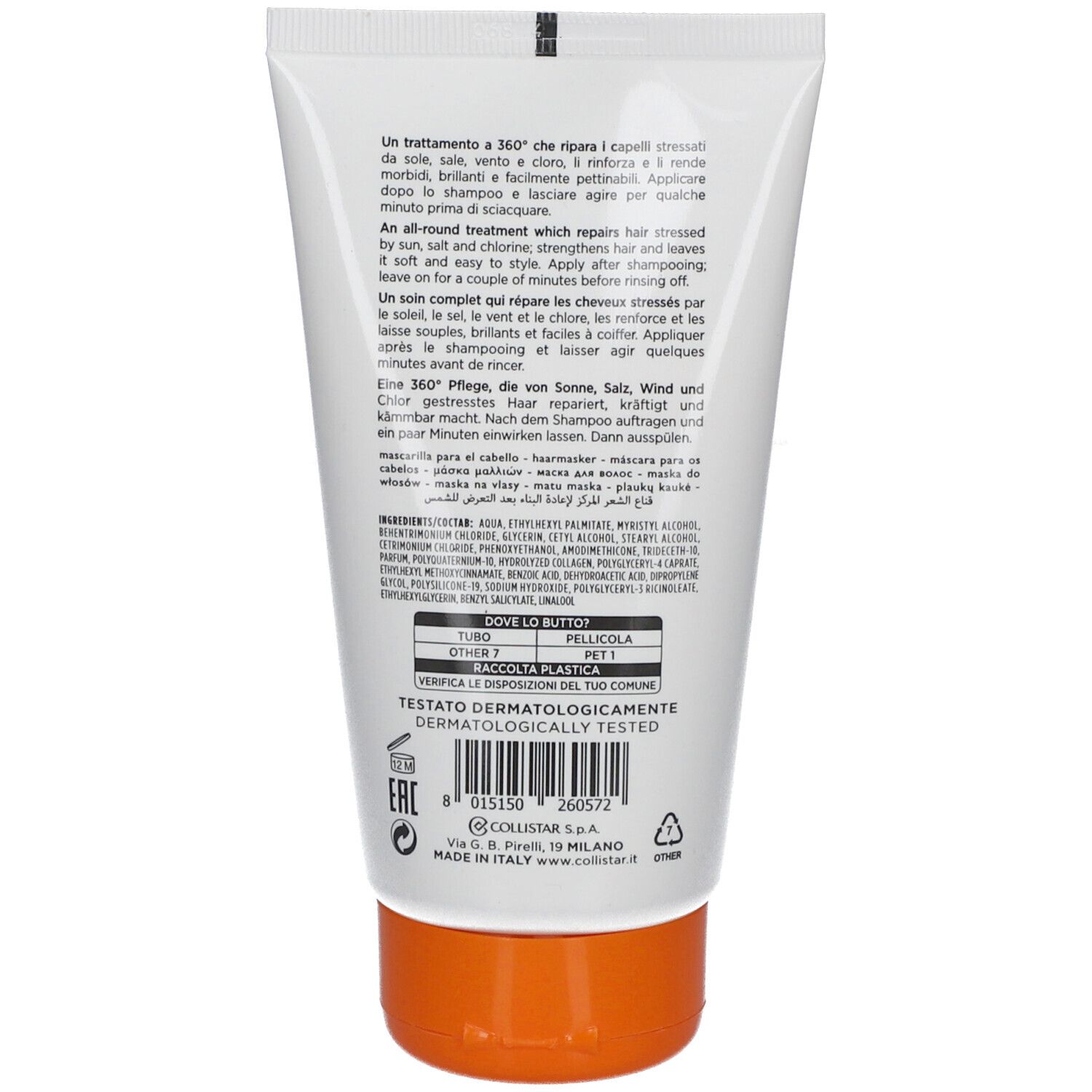 Dos d'un tube blanc avec texte. Texte: ingrédients, instructions d'utilisation, informations fabricant, code-barres.