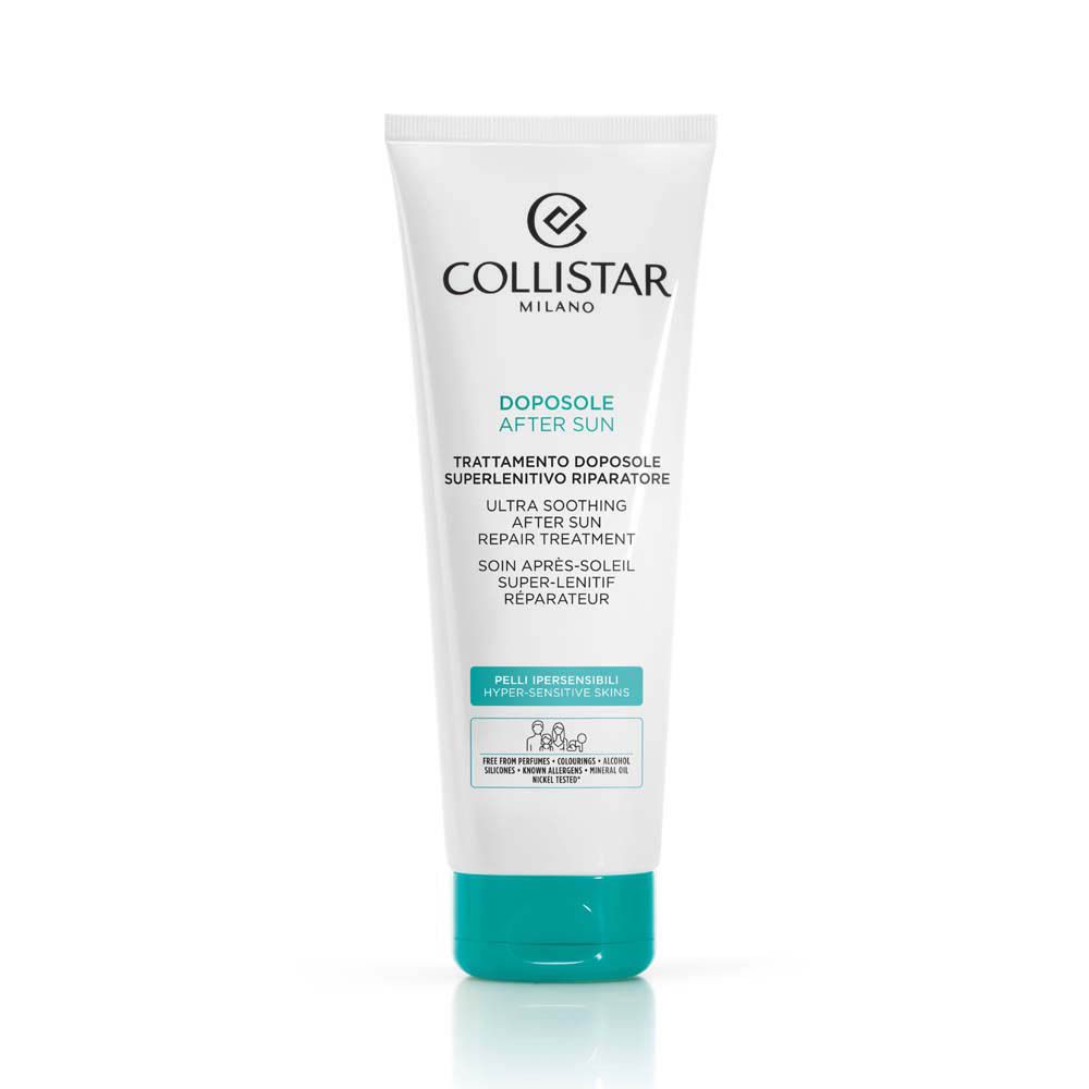 Tube blanc avec bouchon turquoise. Inscription : Collistar, After Sun, Ultra Soothing Repair Treatment. Pour peaux hypersensibles.