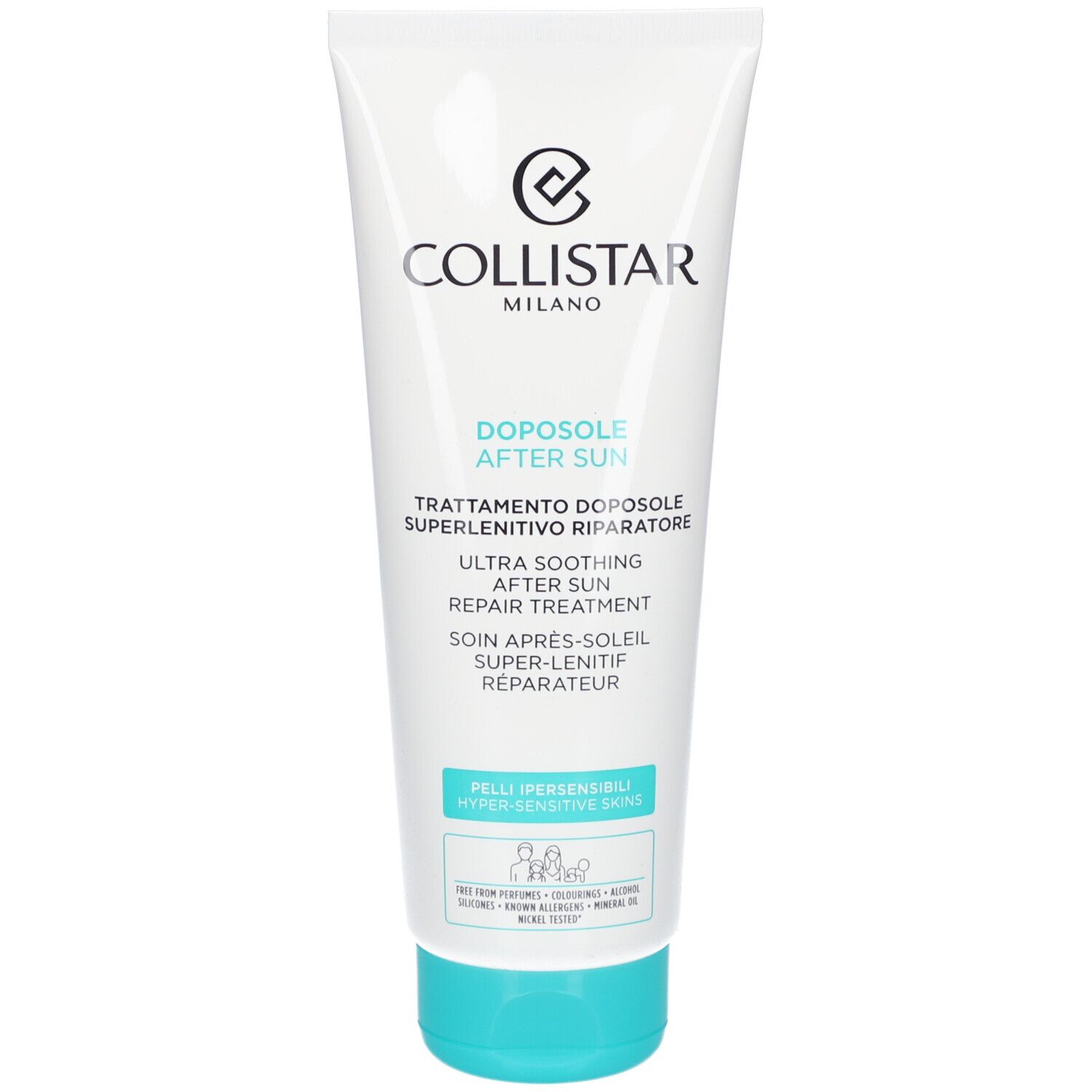 Tube blanc avec bouchon turquoise. Inscription : Collistar, After Sun, Ultra Soothing Repair Treatment. Pour peaux hypersensibles.