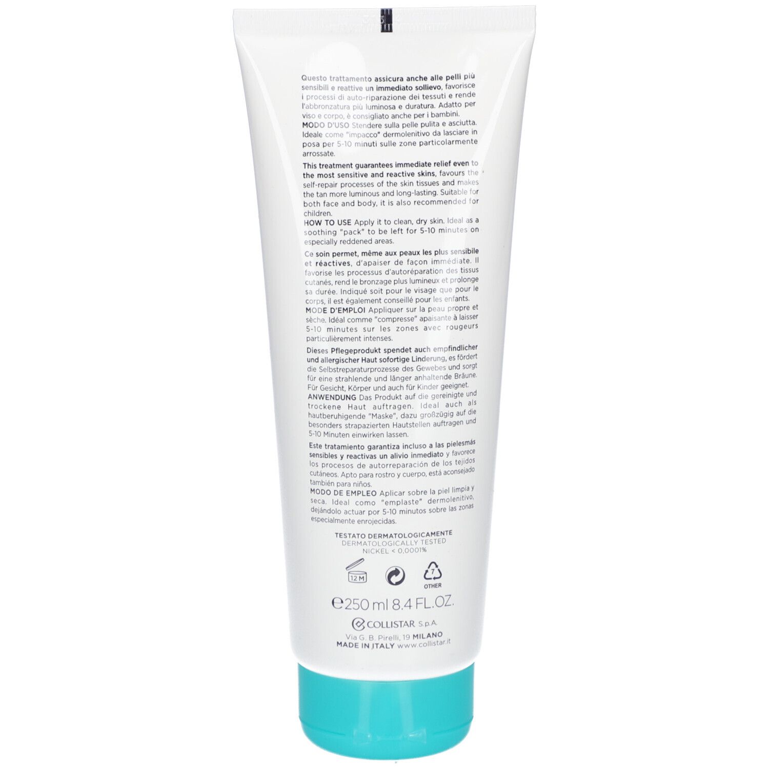 Dos du tube blanc. Texte multilingue. Bouchon turquoise. Marque Collistar. Testé dermatologiquement.