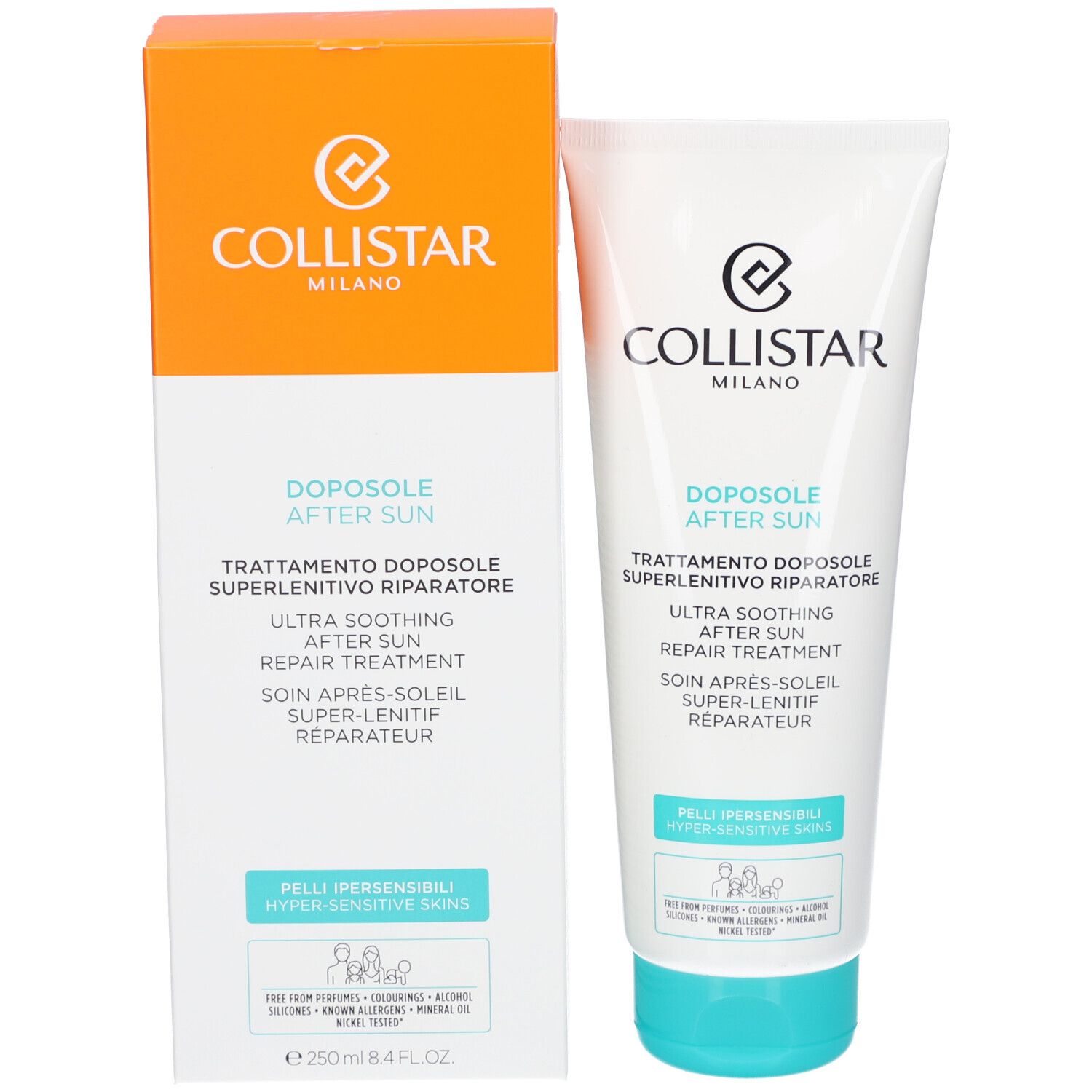 Emballage du produit : tube et boîte. Tube blanc avec bouchon turquoise. Boîte orange. Marque Collistar. Après-soleil.