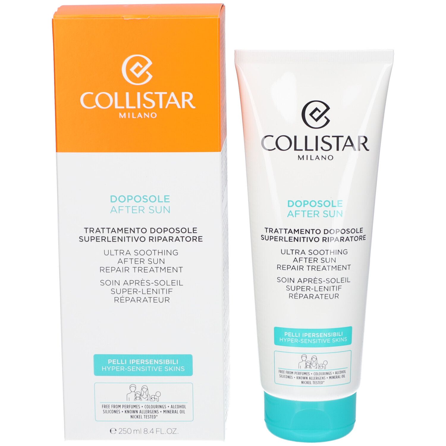 Emballage du produit : tube et boîte. Tube blanc avec bouchon turquoise. Boîte orange. Marque Collistar. Après-soleil.