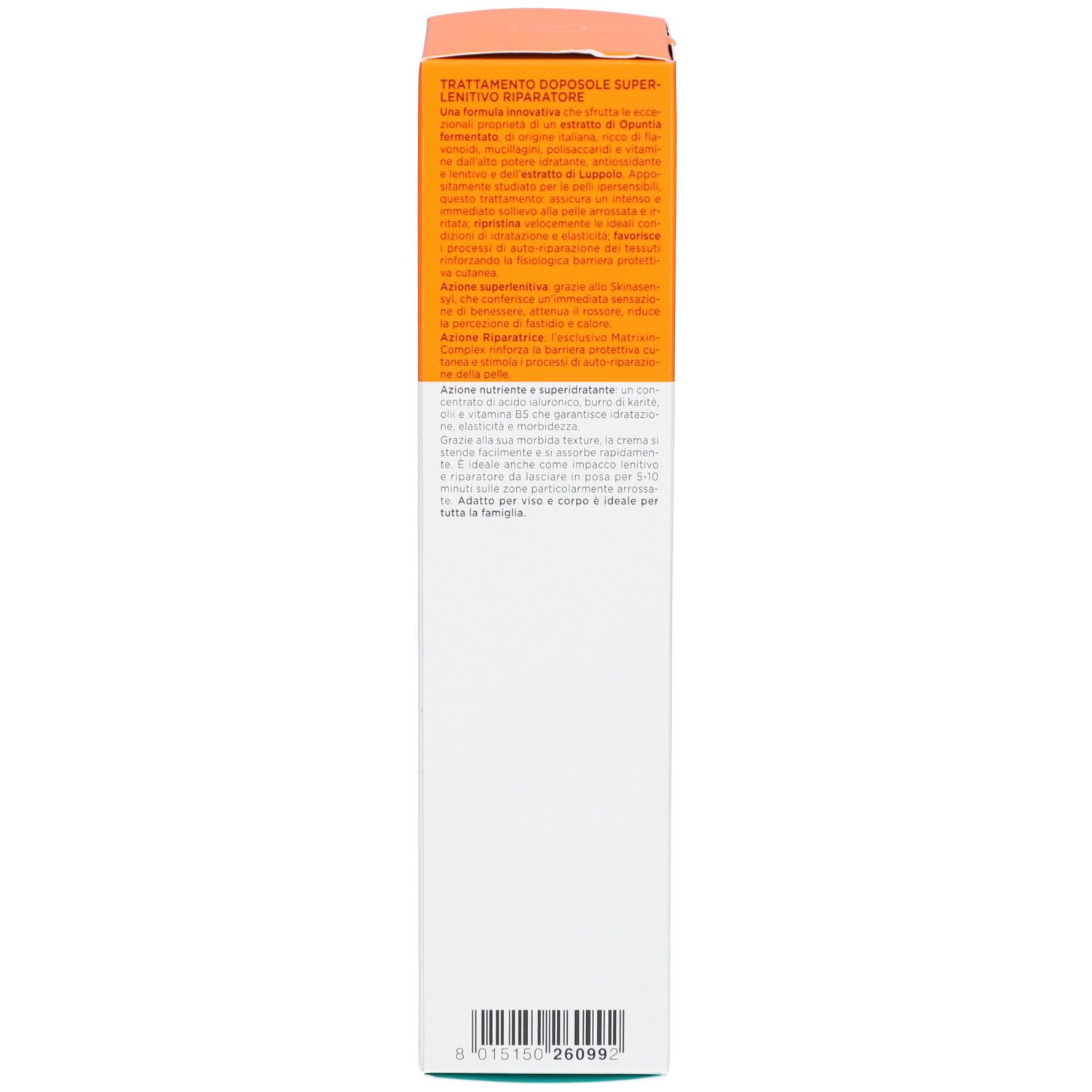 Côté de l'emballage du produit. Texte multilingue. Marque Collistar. Après-soleil. Testé dermatologiquement.
