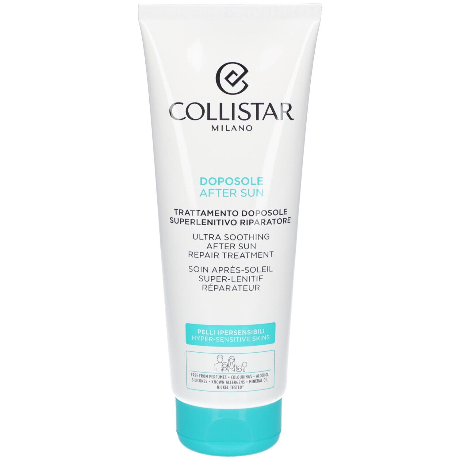 Tube blanc avec bouchon turquoise. Inscription : Collistar, After Sun, Ultra Soothing Repair Treatment. Pour peaux hypersensibles.
