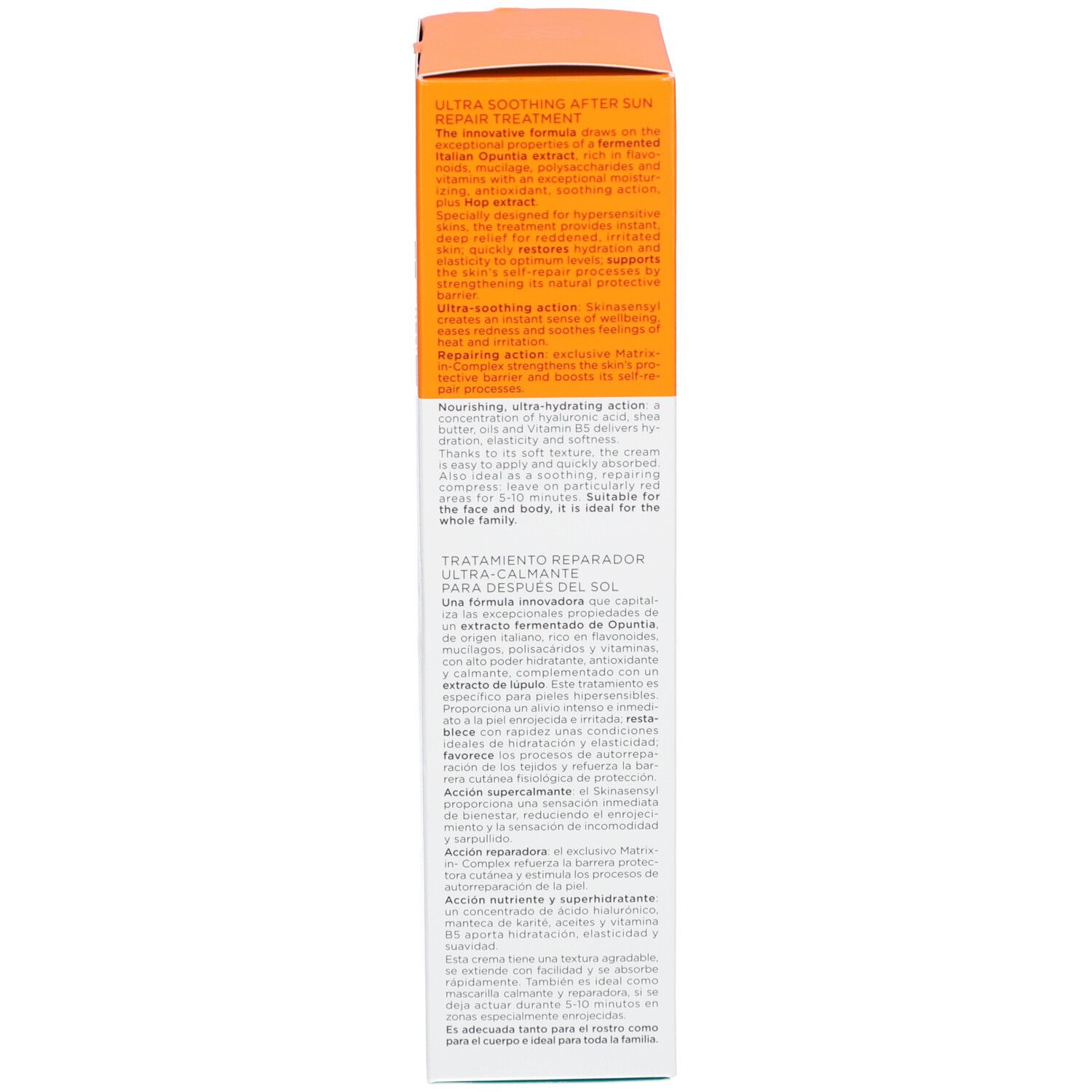 Côté de l'emballage du produit. Texte multilingue. Marque Collistar. Après-soleil. Testé dermatologiquement.