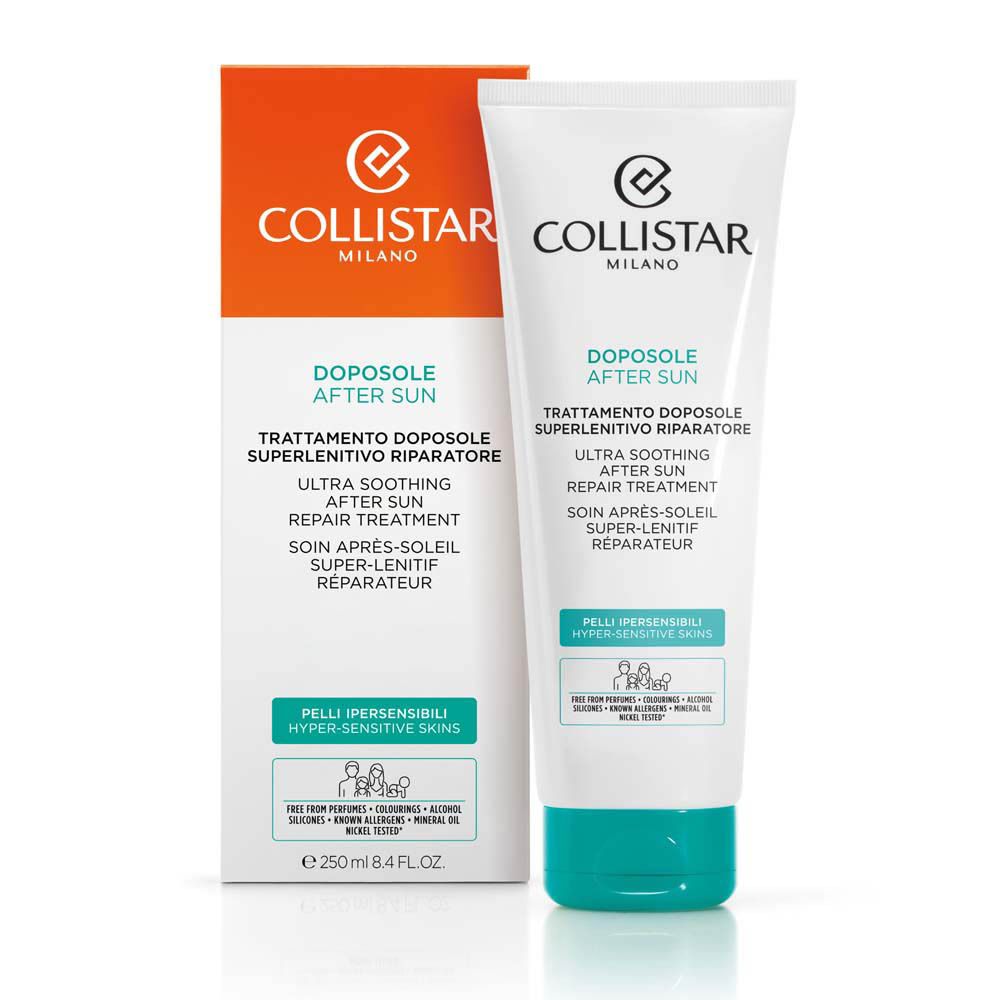 Emballage du produit : tube et boîte. Tube blanc avec bouchon turquoise. Boîte orange. Marque Collistar. Après-soleil.