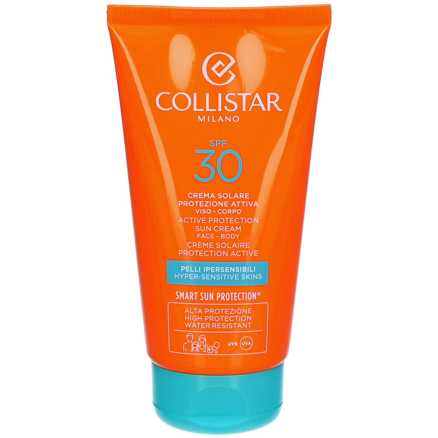 Tube orange et bouchon bleu. Crème solaire. Inscriptions: Collistar, SPF 30, Protection Active, peaux sensibles.