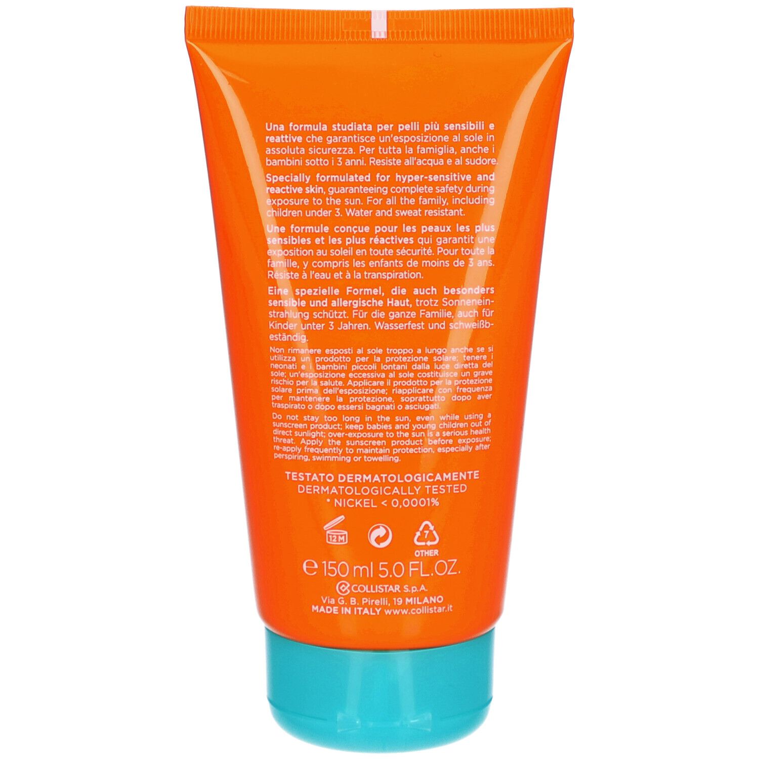 Dos d'un tube orange. Inscriptions: ingrédients, mode d'emploi, testé dermatologiquement, 150 ml.