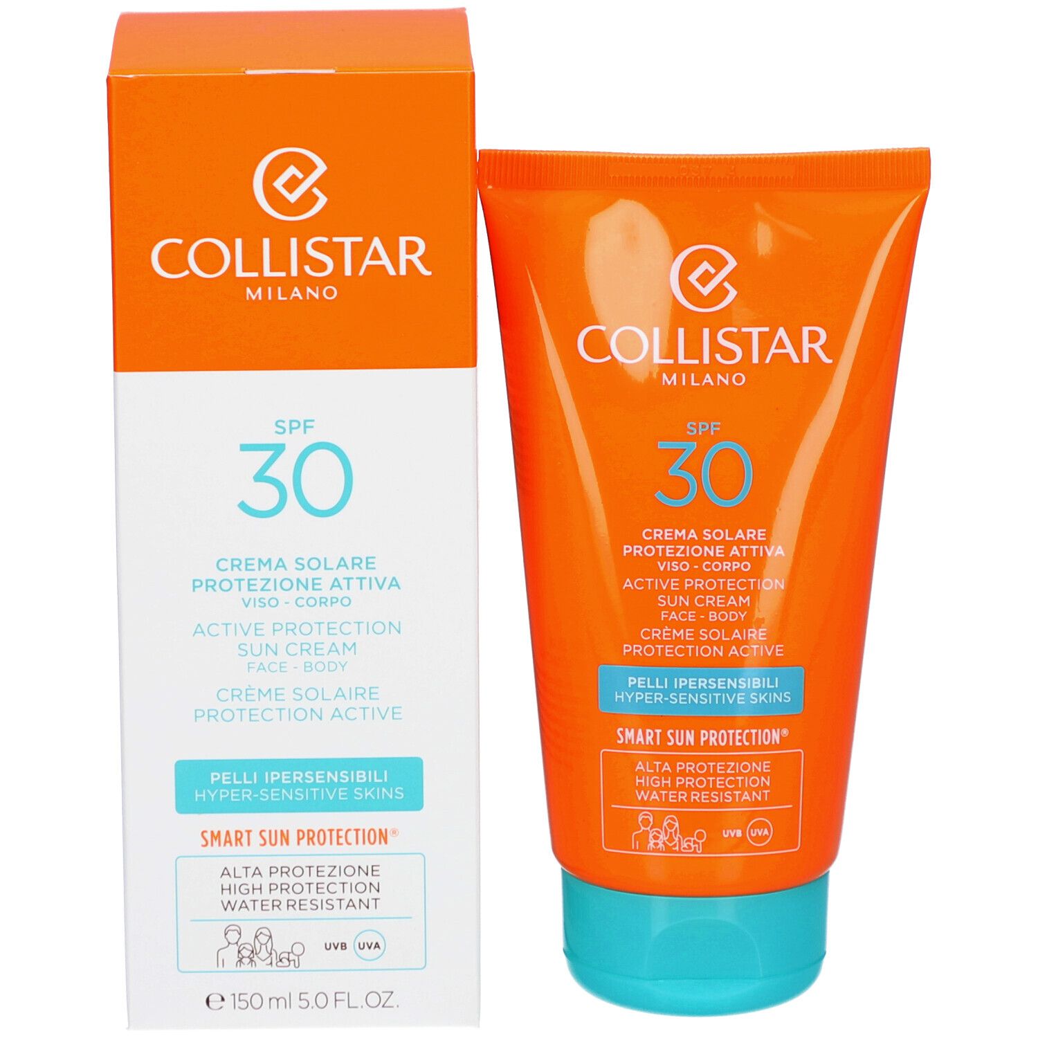Tube et boîte de crème solaire. Orange, bleu, blanc. Inscriptions: Collistar, SPF 30, Protection Active, peaux sensibles.