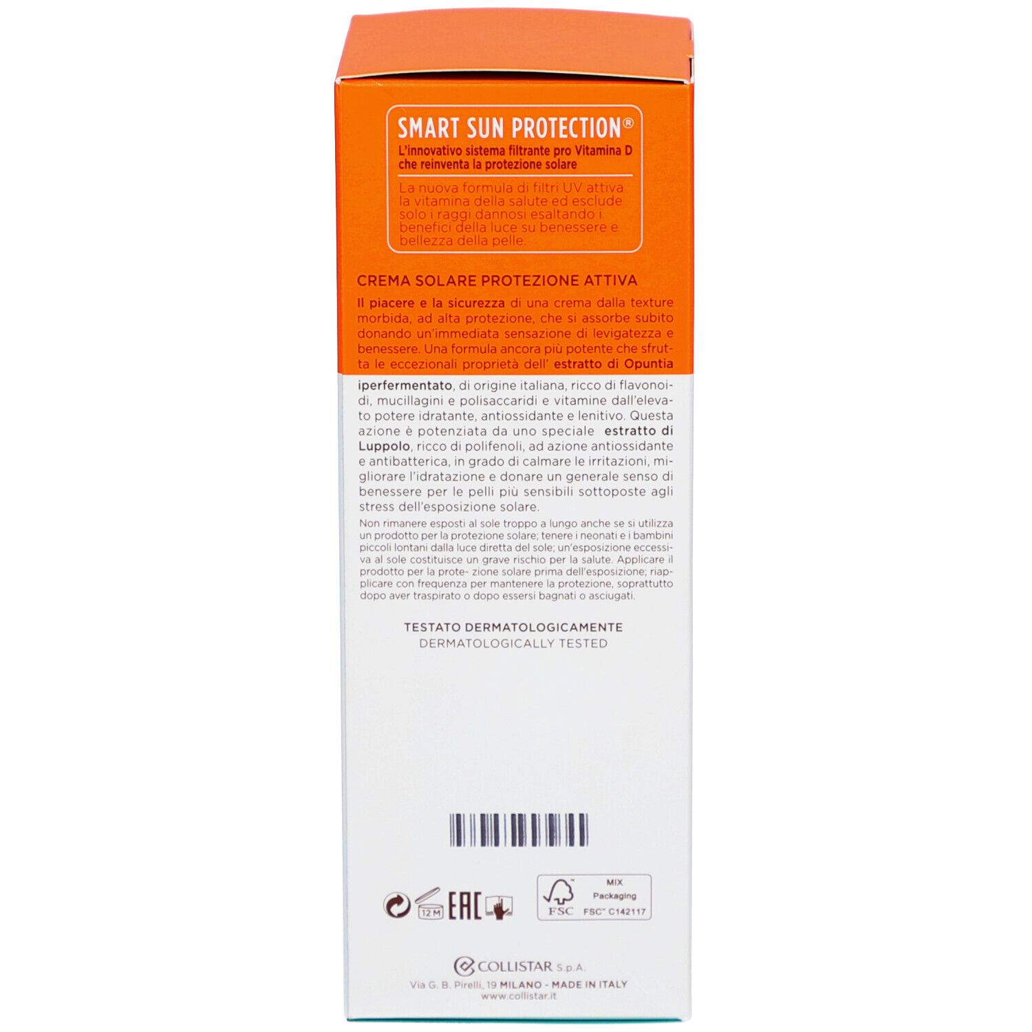 Dos de la boîte. Inscriptions: ingrédients, mode d'emploi, testé dermatologiquement, 150 ml, Collistar.