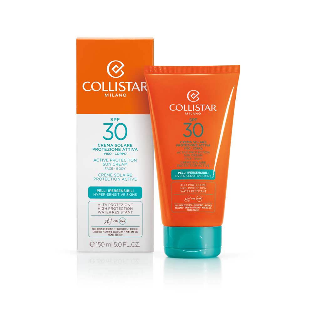 Tube et boîte de crème solaire. Orange, bleu, blanc. Inscriptions: Collistar, SPF 30, Protection Active, peaux sensibles.