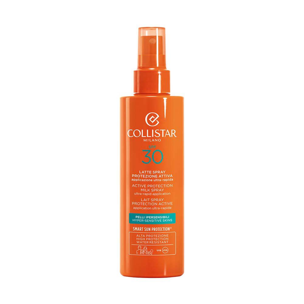 Flacon spray orange Collistar, SPF 30. Texte : Lait Spray Protection Active, peaux sensibles. Protection solaire.