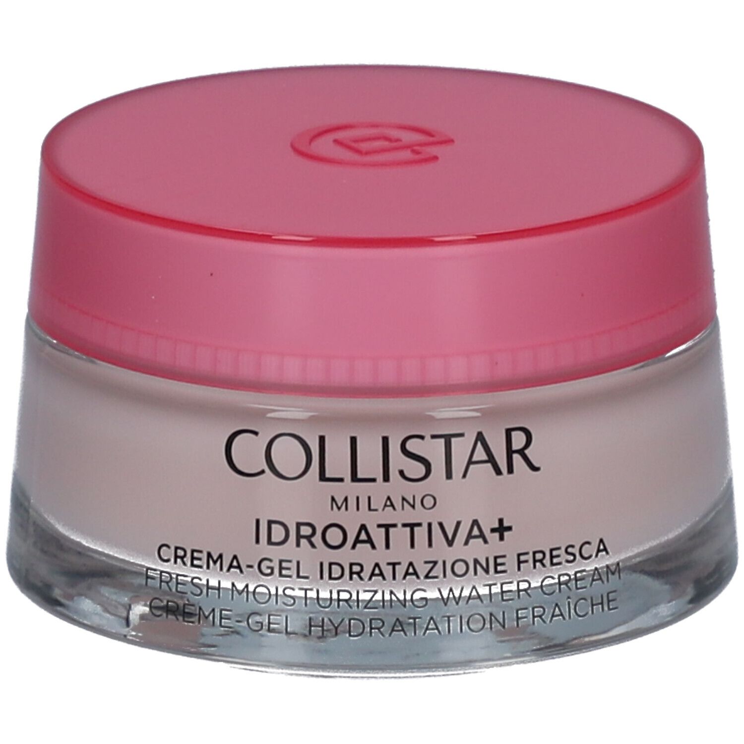 Pot de crème-gel rose. Inscription : COLLISTAR, IDROATTIVA+, Crème-gel. Récipient en verre.