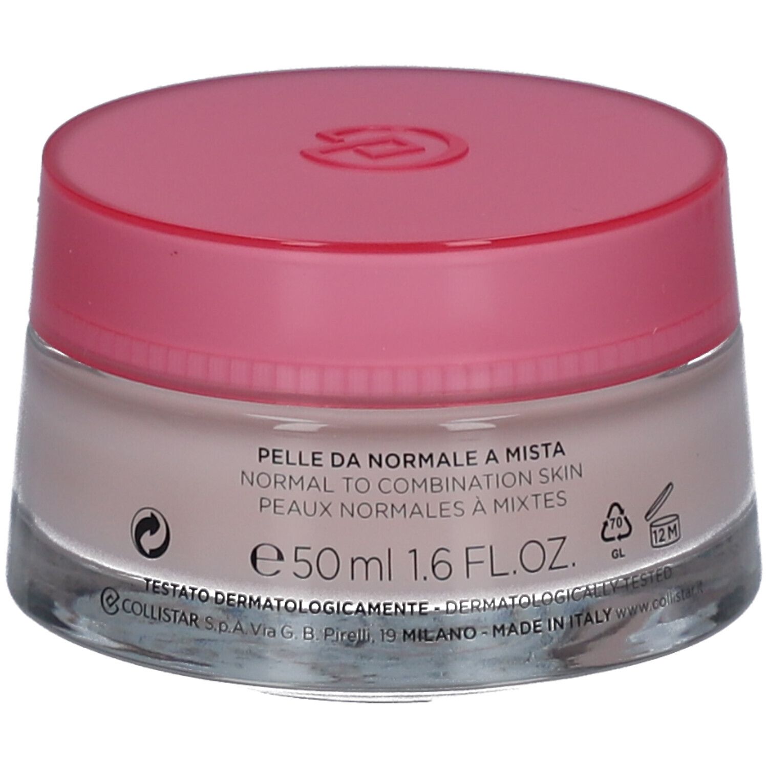 Pot de crème-gel rose. Inscription : COLLISTAR, IDROATTIVA+, Crème-gel. Texte : Peaux normales à mixtes.