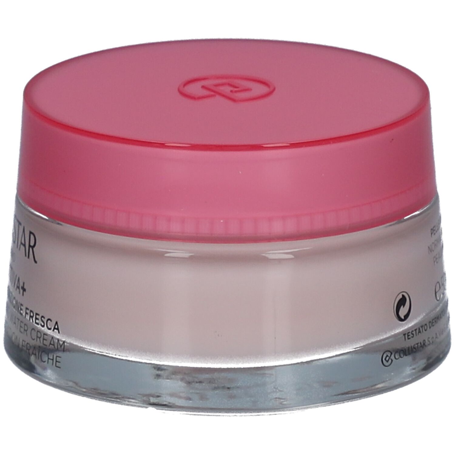 Pot de crème-gel rose. Inscription : COLLISTAR, IDROATTIVA+, Crème-gel. Récipient en verre.