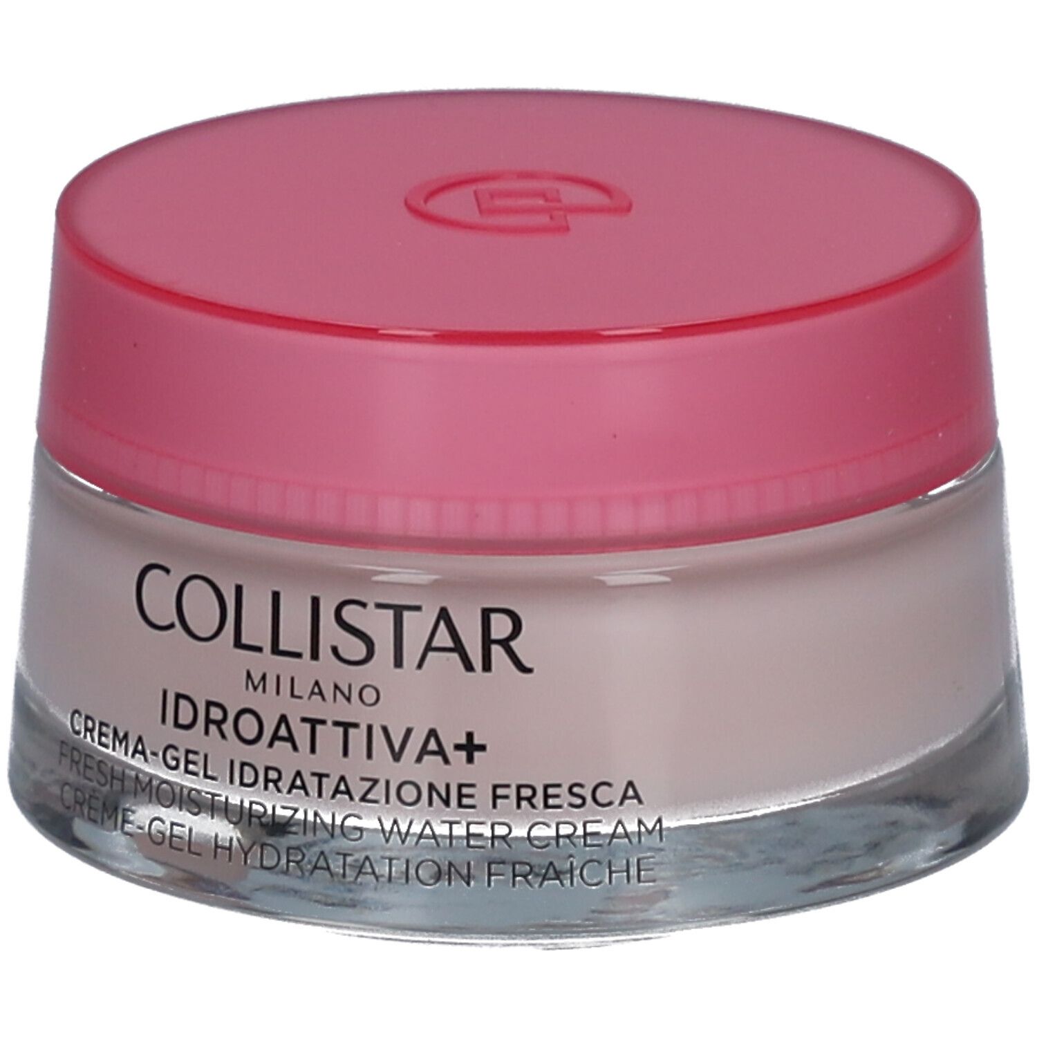 Pot de crème-gel rose. Inscription : COLLISTAR, IDROATTIVA+, Crème-gel. Récipient en verre.