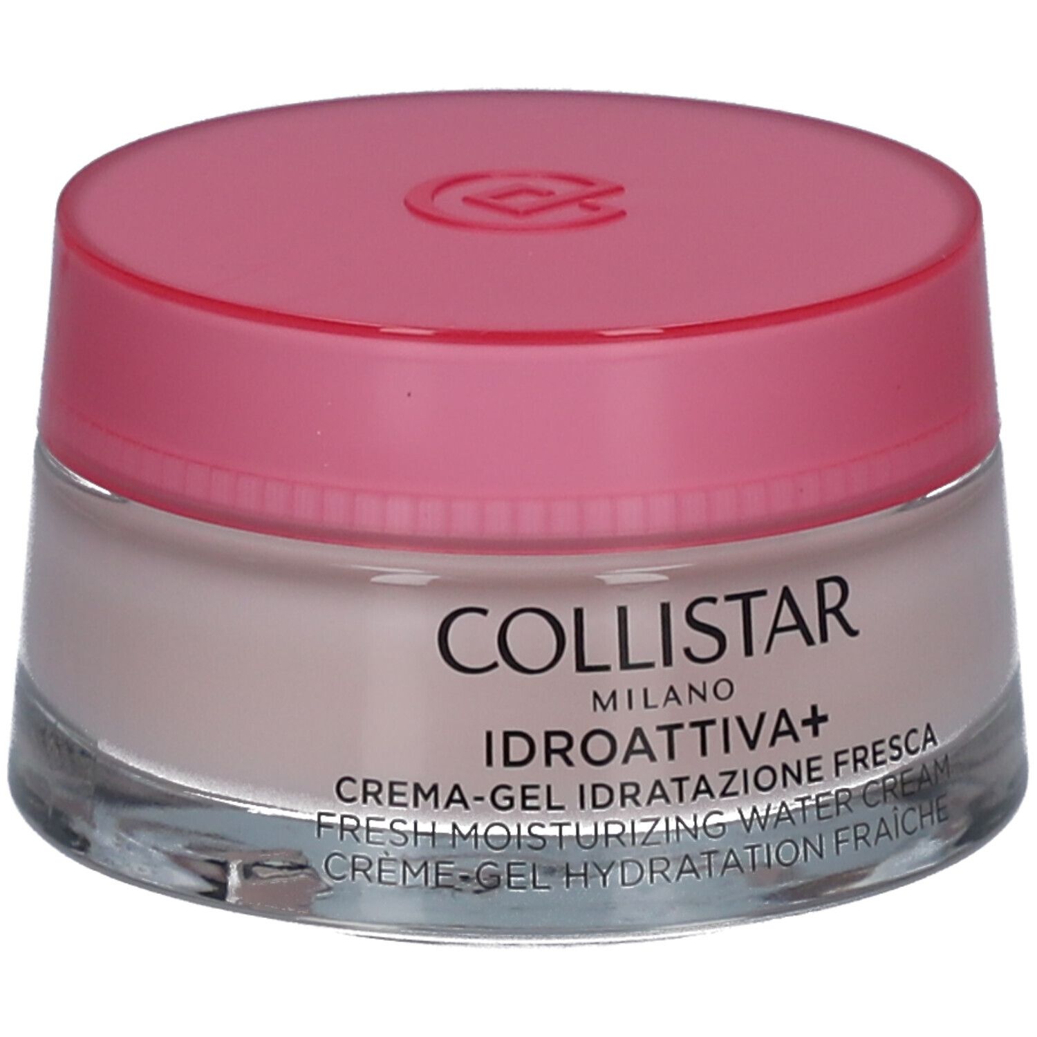 Pot de crème-gel rose. Inscription : COLLISTAR, IDROATTIVA+, Crème-gel. Récipient en verre.
