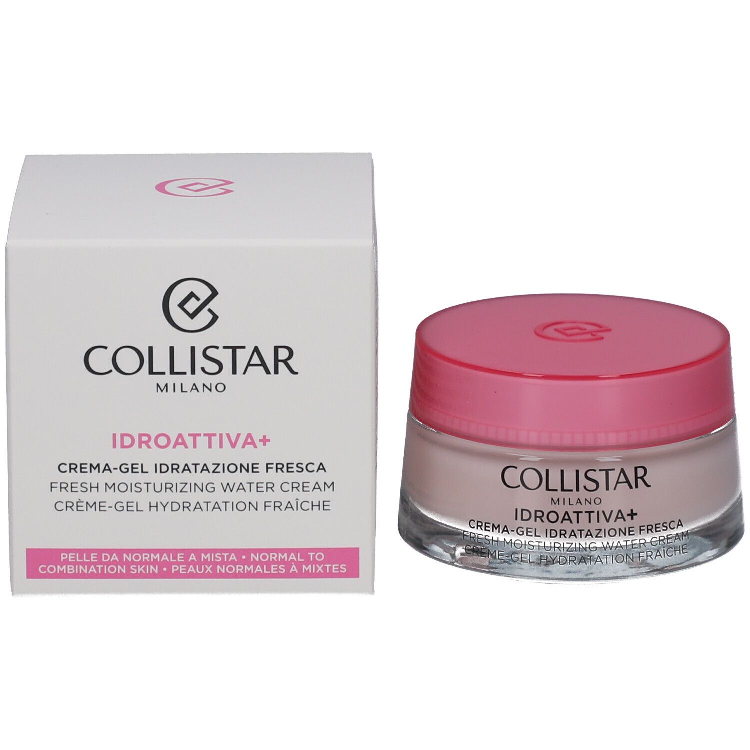 Pot de crème-gel et boîte. Inscription : COLLISTAR, IDROATTIVA+, Crème-gel. Texte : Peaux normales à mixtes.