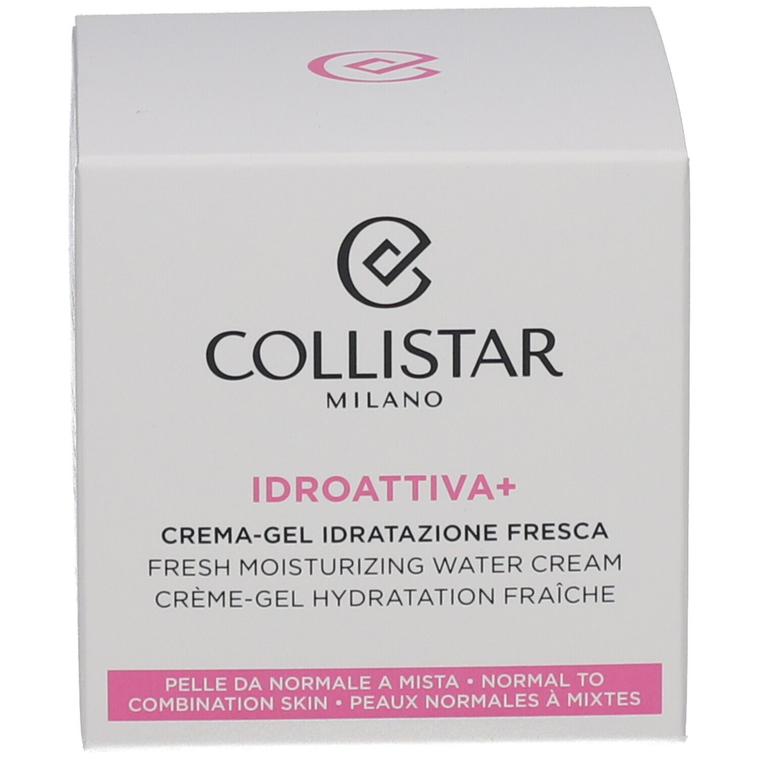 Boîte. Inscription : COLLISTAR, IDROATTIVA+, Crème-gel. Texte : Peaux normales à mixtes.
