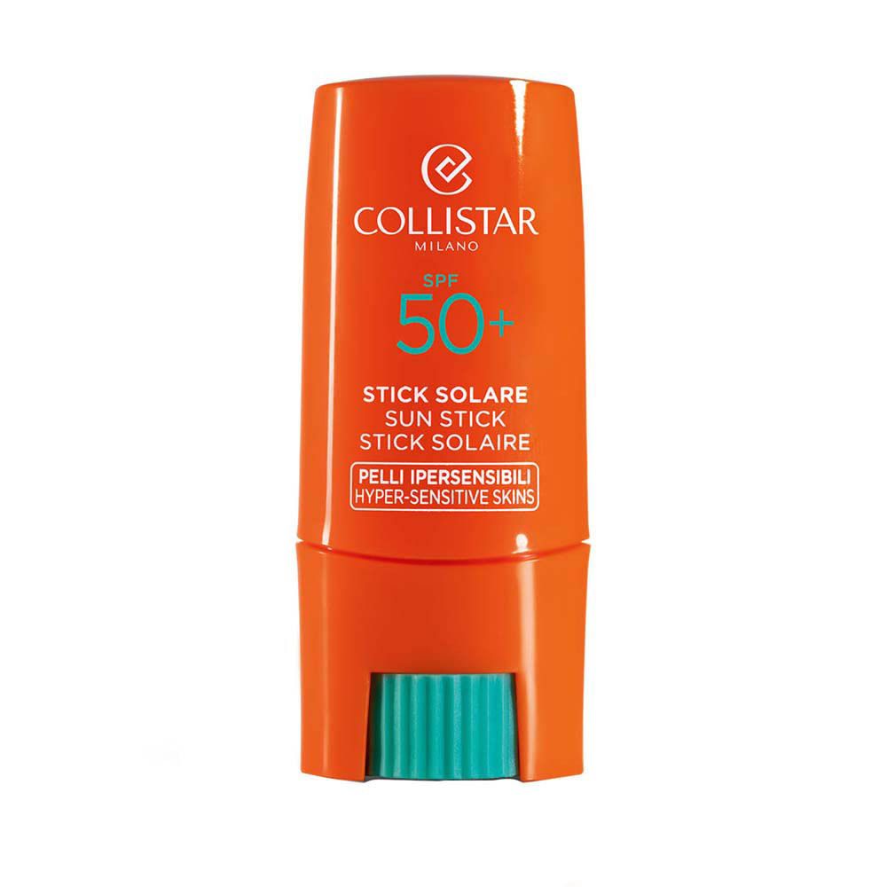 Stick solaire orange avec mécanisme bleu. Texte: SPF 50+, Stick Solaire in Gel, pour peaux hypersensibles.