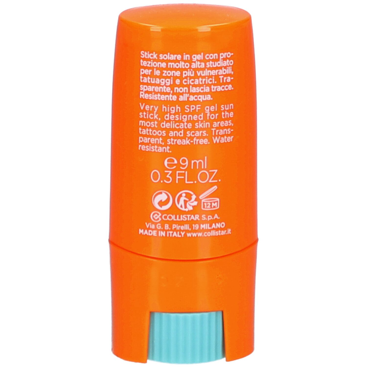 Dos du stick solaire orange. Texte: SPF 50+, 9ml, résistant à l'eau. Fabricant: Collistar Milano. Fabriqué en Italie.