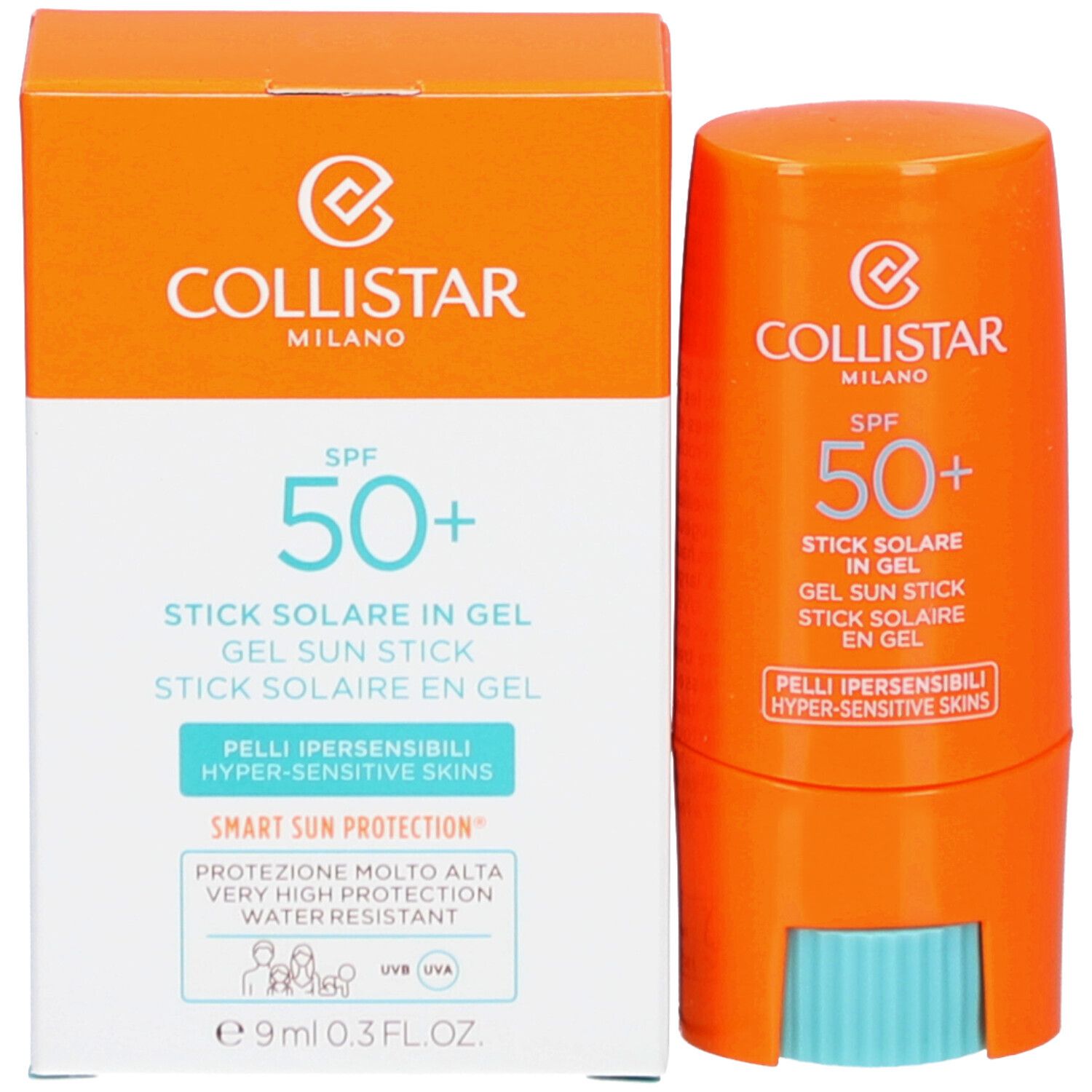 Stick solaire et emballage. Stick orange, emballage blanc. Texte: SPF 50+, Stick Solaire in Gel, 9ml, pour peaux sensibles.